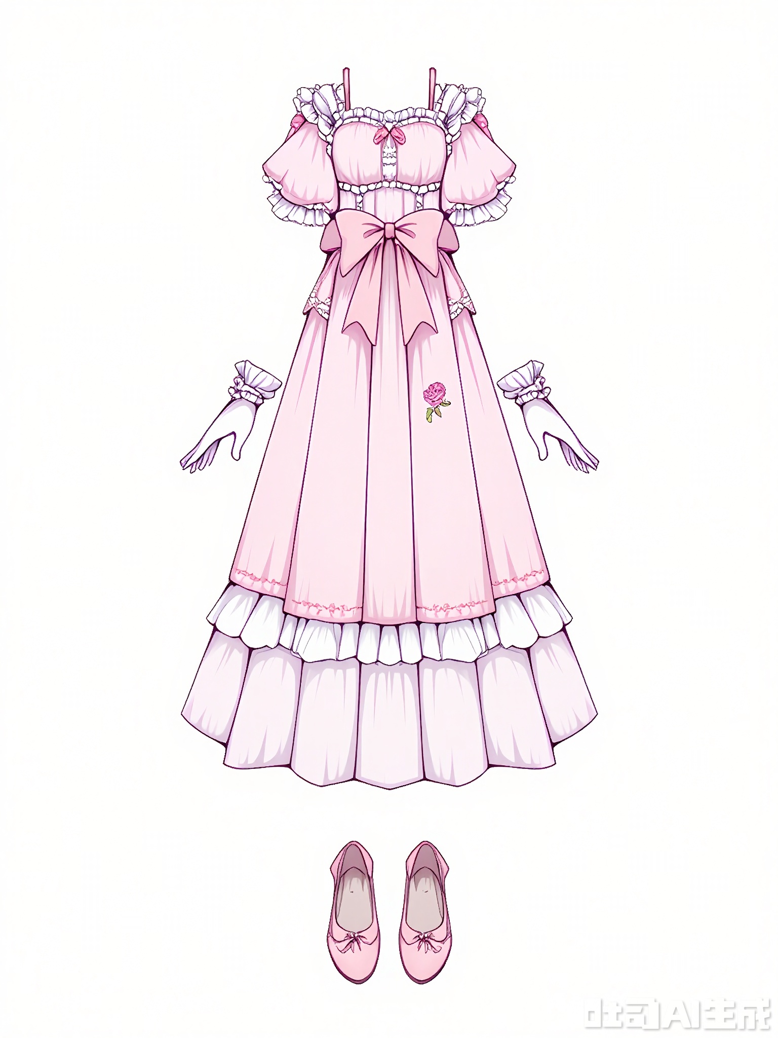 FSSJ, Digital drawing of a fantasy outfit, featuring a pale pink dress with tulle skirt and a fitted bodice, paired with white lace gloves and pink ballet flats. The dress has a ribbon sash tied at the waist, and a small tiara on the head. The outfit has a princess, fairy-tale style with soft and feminine colors. The background is plain white. The drawing is detailed and stylized, with a focus on texture and intricate design elements.
