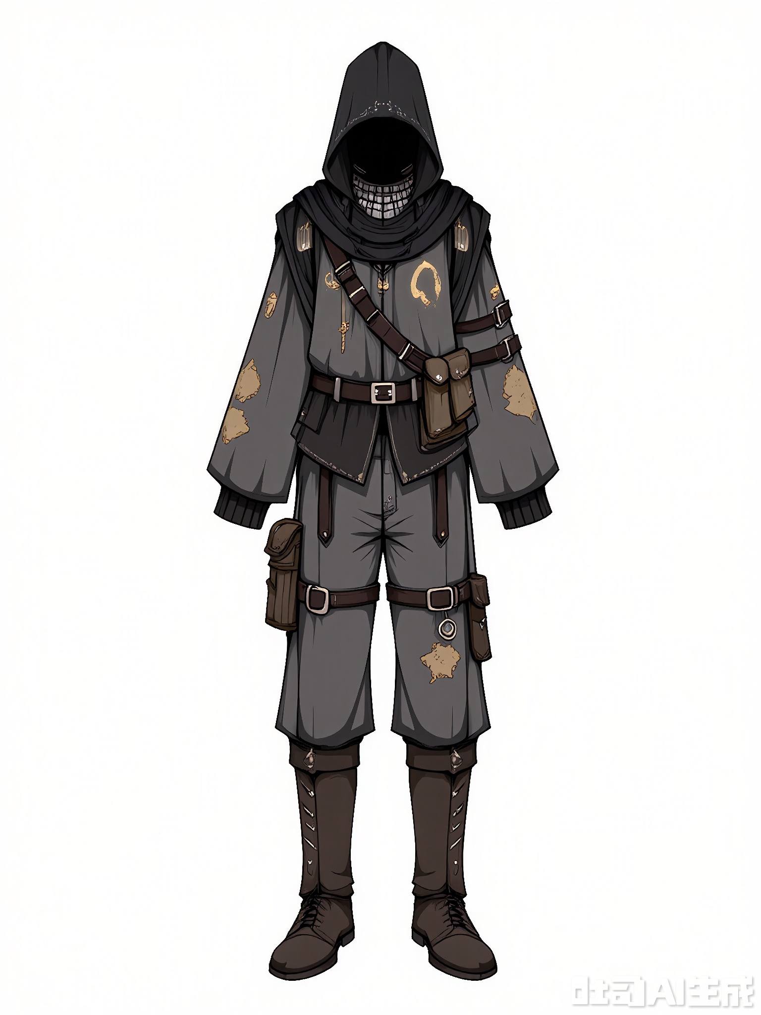 FSSJ, Digital drawing of a fantasy outfit, featuring a silver mail coif with a black leather hood, worn over a gray wool tunic with leather patches. The tunic has a brown leather belt with a pouch, and a crossbow strapped to the back. The outfit has a rugged, mercenary style with a mix of metallic and muted tones. The background is plain white. The drawing is detailed and stylized, with a focus on texture and intricate design elements.
