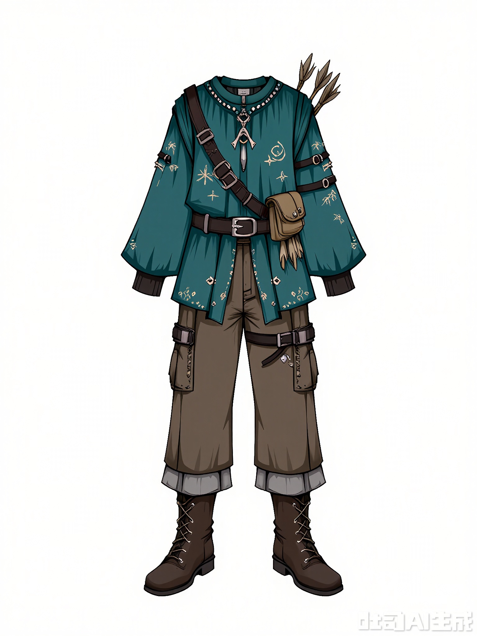 FSSJ, Digital drawing of a fantasy outfit, featuring a teal tunic with silver thread embroidery and a round neck, paired with brown leather pants and boots. The tunic has a leather belt with a pouch, and a quiver of arrows on the back. The outfit has a hunter, woodland style with cool and earthy tones. The background is plain white. The drawing is detailed and stylized, with a focus on texture and intricate design elements.
