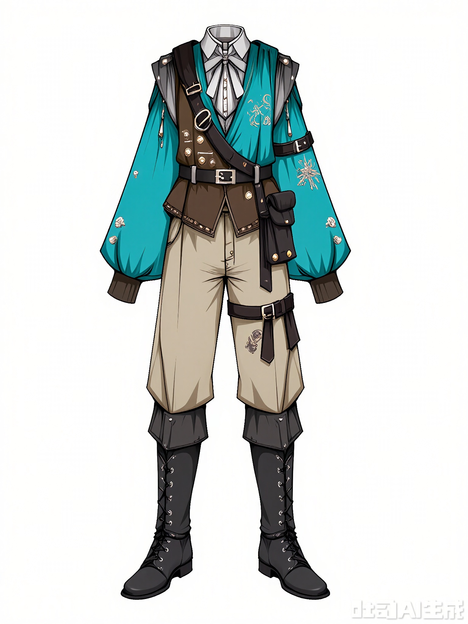 FSSJ, Digital drawing of a fantasy outfit, featuring a turquoise tunic with silver thread patterns and a mandarin collar, paired with beige breeches tucked into black leather boots. The tunic has a brown leather vest with metal buttons, and a sword belt crossing the chest. The outfit has a swashbuckling, pirate-inspired style with a mix of bright and neutral colors. The background is plain white. The drawing is detailed and stylized, with a focus on texture and intricate design elements.
