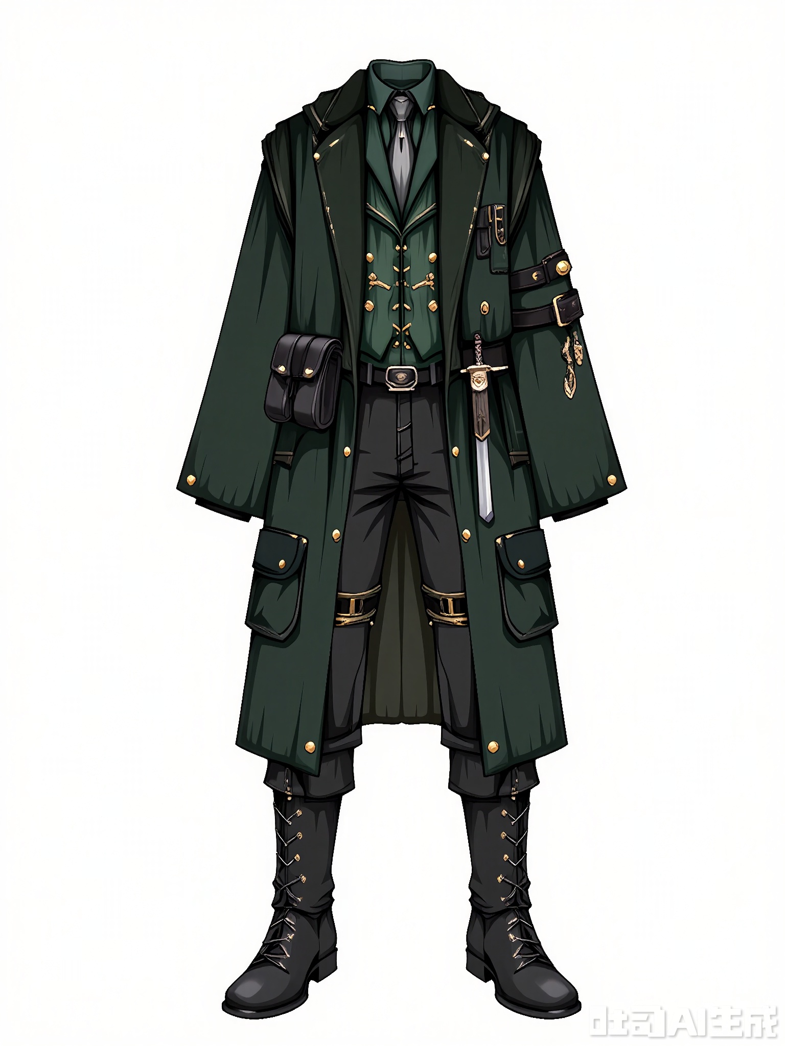 FSSJ, Digital drawing of a fantasy outfit, featuring a dark green duster coat with brass buttons and a wide collar, paired with black leather pants and knee-high boots. The coat has a belt with pouches, and a sword sheath hanging at the hip. The outfit has a western, outlaw style with dark and rugged colors. The background is plain white. The drawing is detailed and stylized, with a focus on texture and intricate design elements.
