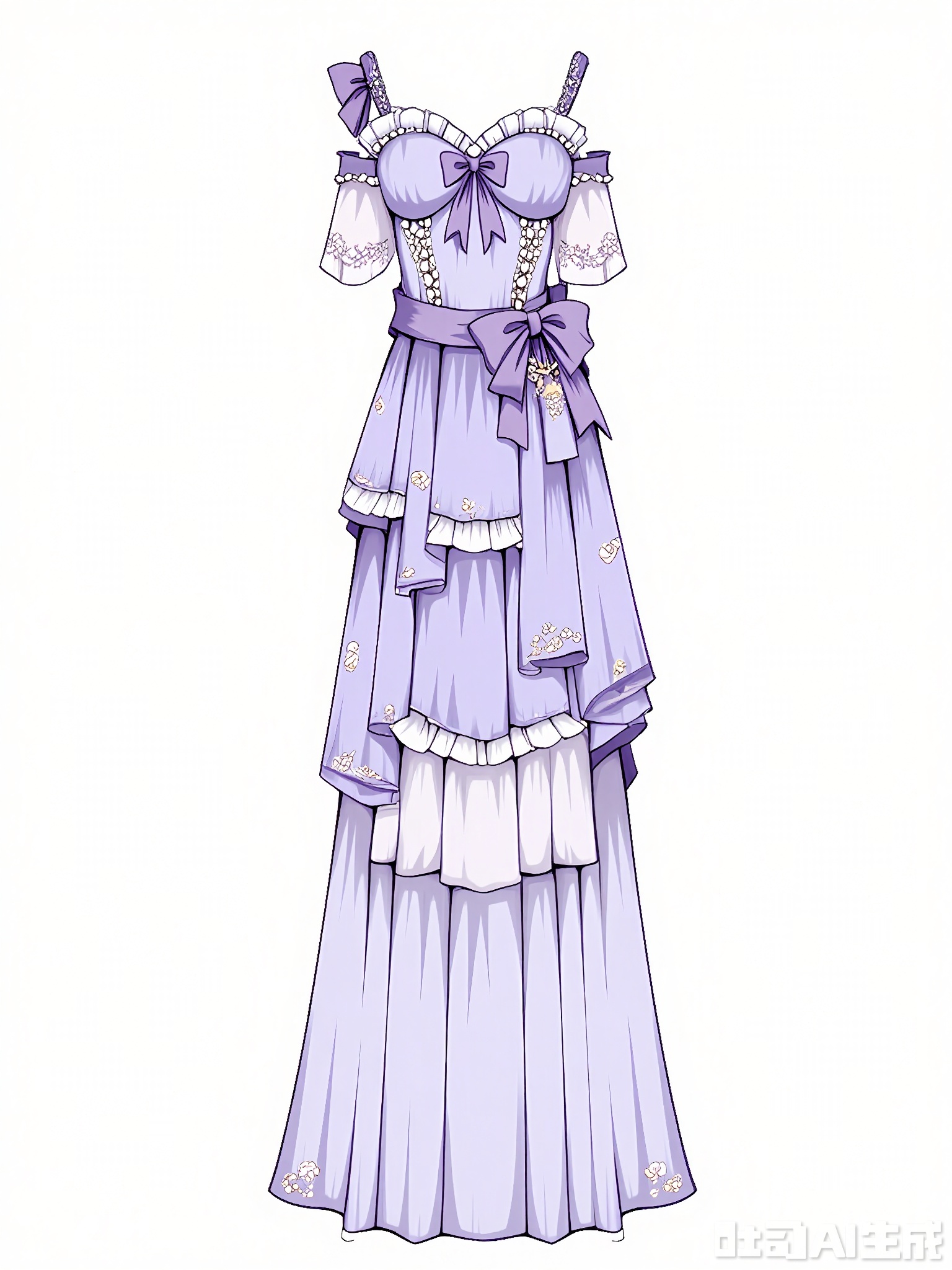 FSSJ, Digital drawing of a fantasy outfit, featuring a lavender gown with pearl embroidery and a sweetheart neckline, layered over a silk underdress with lace sleeves. The gown has a satin sash tied at the waist, and a small purse hanging from a chain. The outfit has an elegant, fairy-tale style with soft pastel and shiny tones. The background is plain white. The drawing is detailed and stylized, with a focus on texture and intricate design elements.
