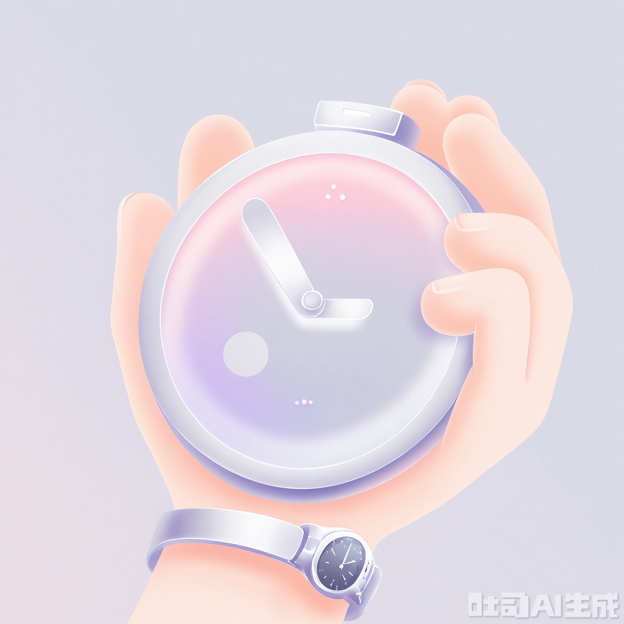 3DMS, A digital illustration of a stylized wristwatch, rendered in a soft, pastel color palette. The watch face is primarily light gray with a smooth gradient effect, giving it a sophisticated and understated appearance. The hour markers are simple lines in a pale pink hue, and the hands of the watch are slender and metallic silver. The strap is a soft lavender color, wrapping comfortably around an imaginary wrist. The background is a clean, white gradient, enhancing the watch’s elegant design. The overall style is minimalist and timeless, with a focus on subtle details and gentle colors.

