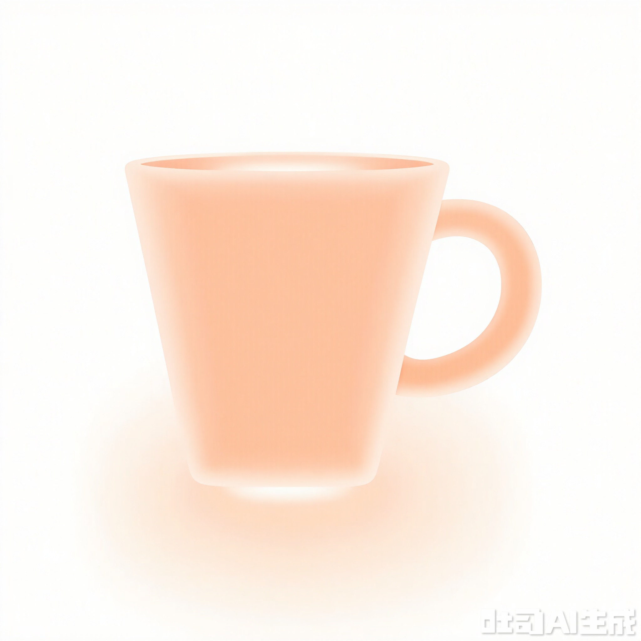 3DMS, A digital illustration of a stylized coffee cup, rendered in a soft, pastel color palette. The cup is primarily light peach with a gentle gradient effect, giving it a warm and inviting appearance. The handle curves elegantly to the right, while the rim of the cup is highlighted with a subtle white glow. The background is a clean, white gradient, allowing the cup to stand out as the focal point. The overall style is minimalist and charming, with a focus on smooth curves and gentle color blends.
