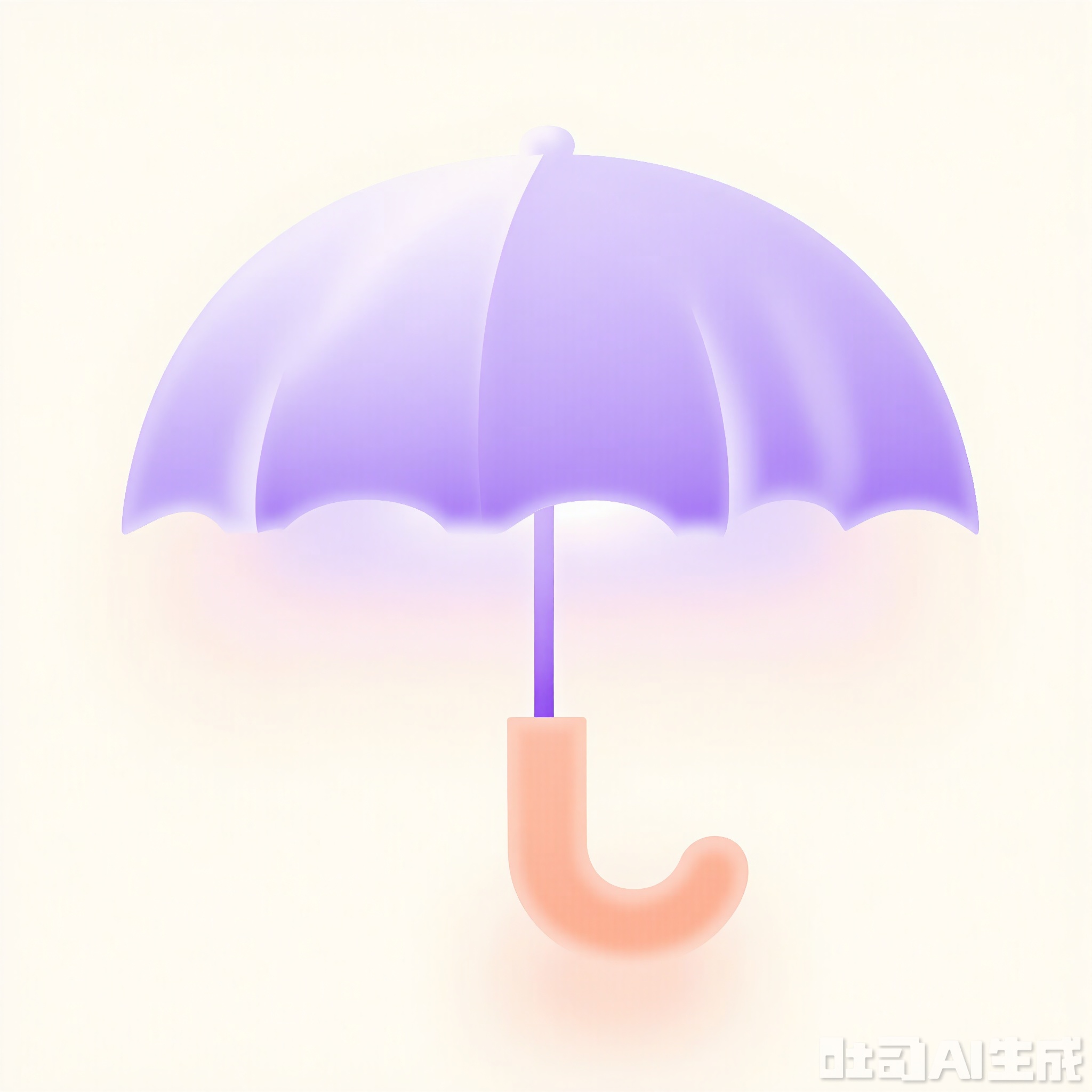 3DMS, A digital illustration of a stylized umbrella, rendered in a soft, pastel color palette. The canopy of the umbrella is primarily lavender with a smooth gradient effect, giving it a dreamy and elegant appearance. The ribs of the umbrella are a slightly darker shade of purple, providing a nice contrast and adding structure to the design. The handle of the umbrella is a soft peach color, curving gently to fit comfortably in an imaginary hand. The background is a clean, white gradient, highlighting the umbrella’s minimalist and stylish design. The overall style is minimalist and whimsical, with a focus on gentle colors and graceful forms.
