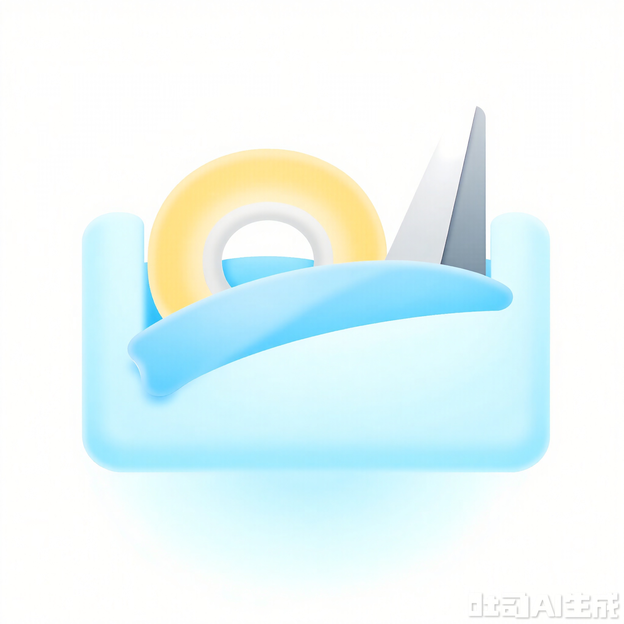 3DMS, A digital illustration of a stylized tape dispenser, rendered in a soft, pastel color palette. The body of the tape dispenser is primarily baby blue with a smooth gradient effect, giving it a sleek and modern look. The cutting blade is a metallic silver color, adding a touch of shine and functionality to the design. A roll of tape in a complementary shade of pale yellow is placed inside the dispenser, with a small portion of the tape extending out, ready for use. The background is a clean, white gradient, making the tape dispenser the focal point of the illustration. The overall style is minimalist and practical, with a focus on clean lines and harmonious colors.
