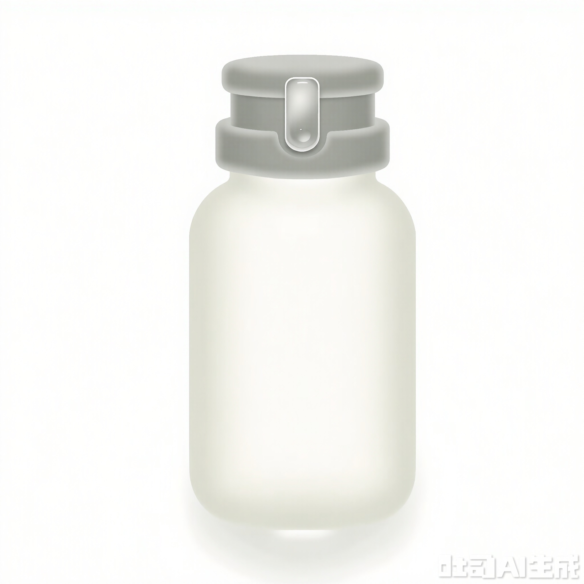 3DMS, A digital illustration of a stylized thermos, rendered in a soft, pastel color palette. The thermos is primarily light gray with a smooth gradient effect, giving it a sleek and contemporary appearance. The cap of the thermos is a slightly darker shade of gray, and the body features a subtle, vertical ribbing texture that adds depth to the design. A small, metallic silver button is located on the side of the cap, likely serving as a release mechanism for opening the thermos. The background is a clean, white gradient, making the thermos the focal point of the illustration. The overall style is minimalist and practical, with a focus on neutral tones and clean lines.
