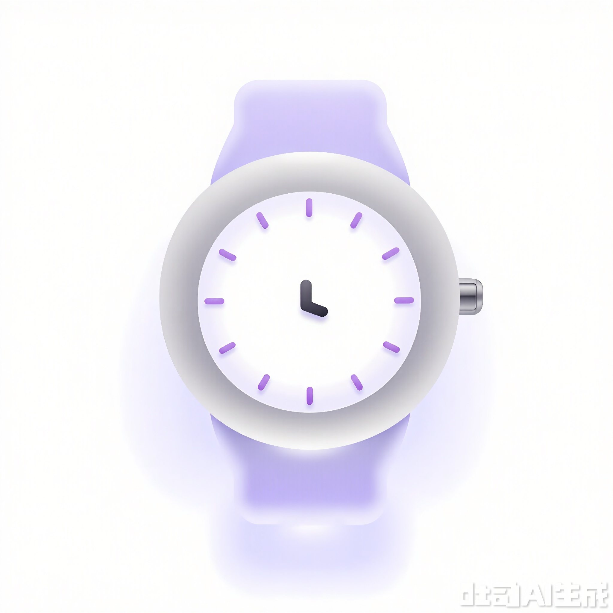 3DMS, A digital illustration of a stylized wristwatch, rendered in a soft, pastel color palette. The watch face is primarily light gray with a smooth gradient effect, giving it a sophisticated and understated appearance. The hour markers are simple lines in a pale pink hue, and the hands of the watch are slender and metallic silver. The strap is a soft lavender color, wrapping comfortably around an imaginary wrist. The background is a clean, white gradient, enhancing the watch’s elegant design. The overall style is minimalist and timeless, with a focus on subtle details and gentle colors.
