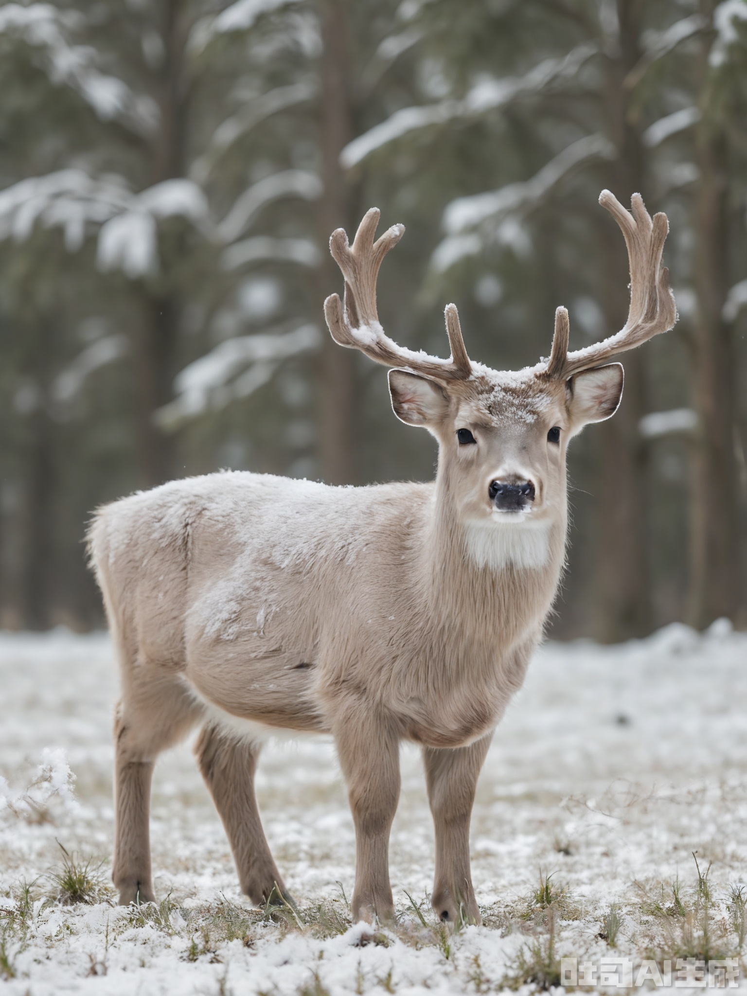 FXDW, Photo of a graceful white deer standing in a snow-dusted forest clearing, gazing at the camera with calm, dark eyes. The deer has a slender build and delicate antlers. The background features tall evergreen trees and a carpet of fallen snow, suggesting a winter wilderness. The snow on the ground is pristine and white, contrasting with the deer's pure coat. The deer is standing still, with its head slightly tilted. The lighting is soft and diffused, indicating an early morning or late afternoon.
