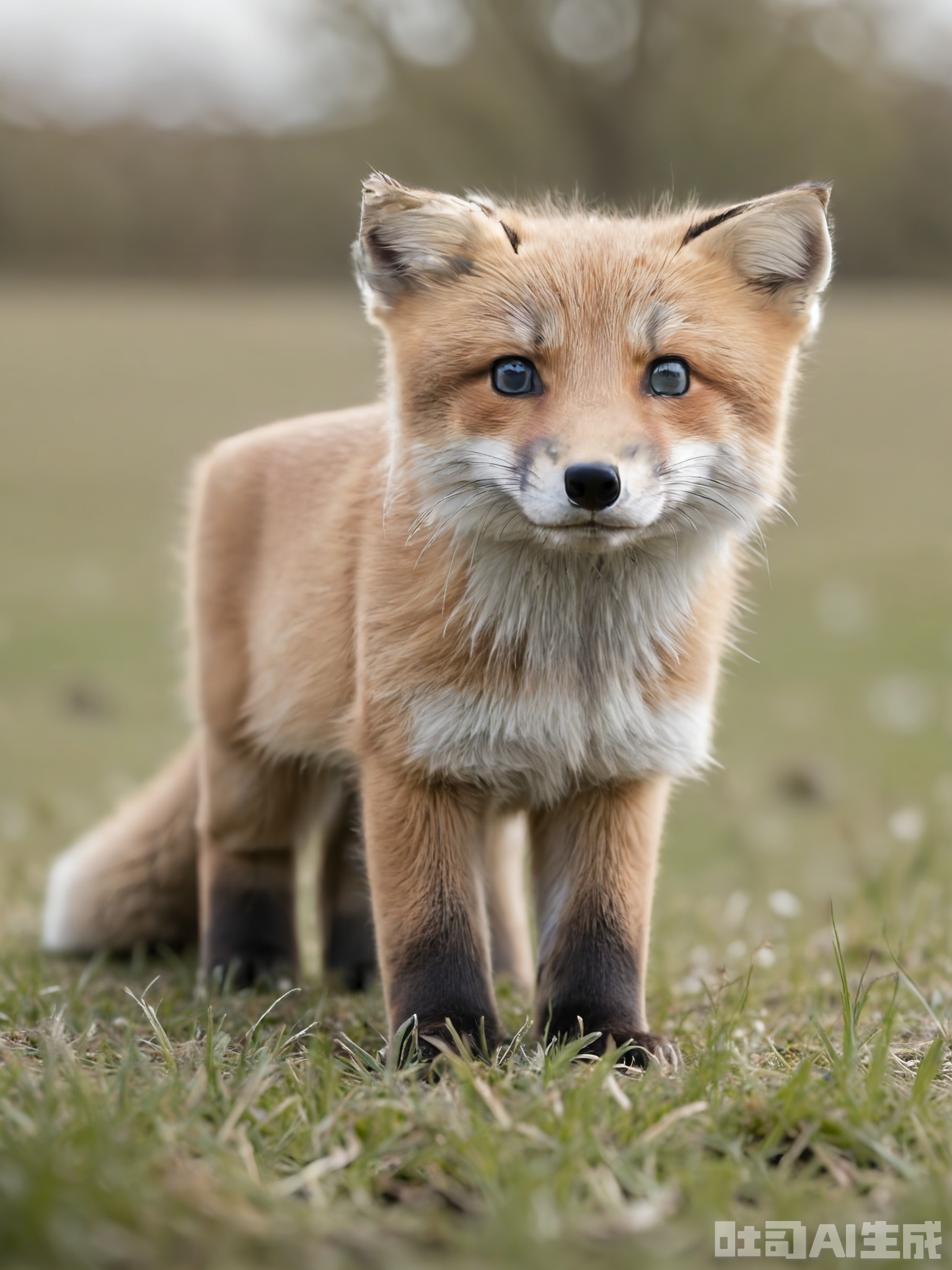 FXDW, Photo of a small, fluffy red fox cub standing on a grassy meadow, looking directly at the camera with wide, innocent amber eyes. The fox has a bushy tail and white markings on its muzzle and chest. The background features a line of distant trees and a clear blue sky, suggesting a rural landscape. The grass is lush and green, contrasting with the fox's fiery fur. The fox is standing on all fours, with its ears perked up. The lighting is bright and natural, indicating a sunny afternoon.
