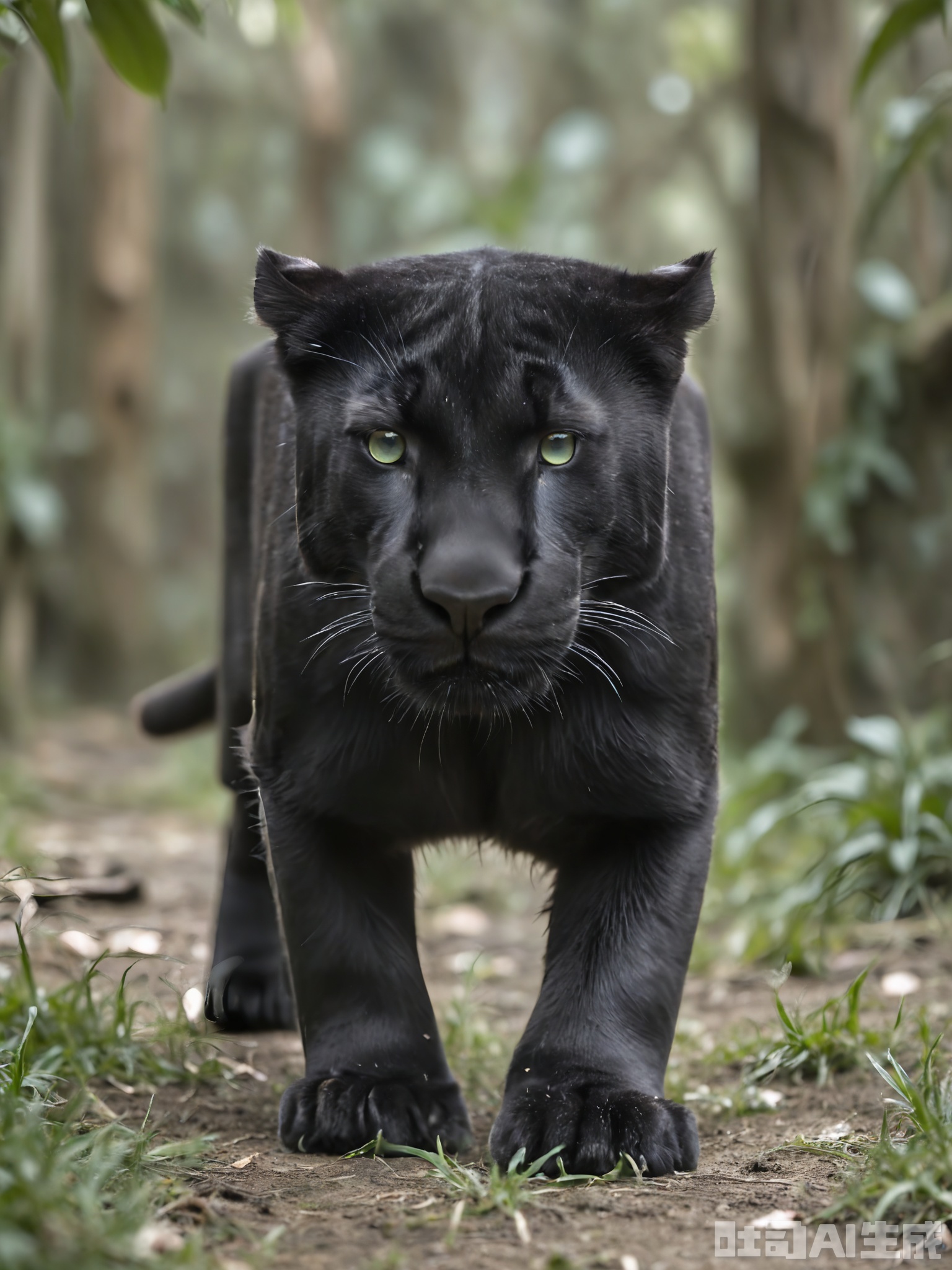 FXDW, Photo of a sleek black panther prowling through a dense jungle, turning its head to look at the camera with intense green eyes. The panther has a muscular build and a glossy coat. The background features thick vines, towering trees, and dappled sunlight filtering through the canopy, suggesting a tropical rainforest. The foliage is lush and green, contrasting with the panther's dark fur. The panther is walking slowly, with its tail swishing gently. The lighting is mysterious and dim, indicating a shaded understory.
