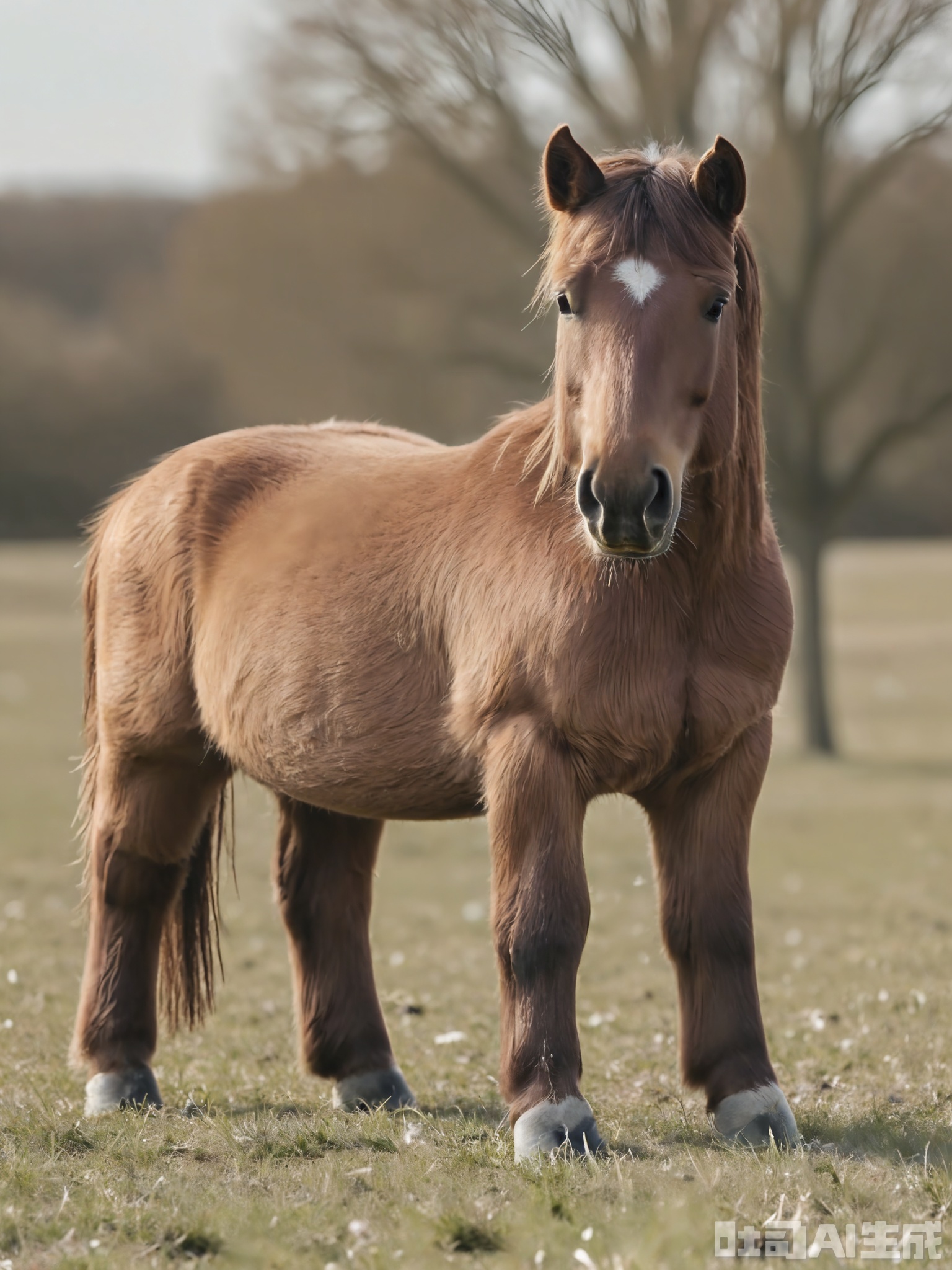 FXDW, Photo of a gentle brown horse grazing in a sunlit meadow, lifting its head to look at the camera with kind, expressive brown eyes. The horse has a sleek coat and a flowing mane. The background features rolling hills and a few scattered trees, suggesting a peaceful countryside. The grass is tall and green, contrasting with the horse's rich brown fur. The horse is standing still, with its ears pricked forward. The lighting is warm and golden, indicating a late afternoon sun.
