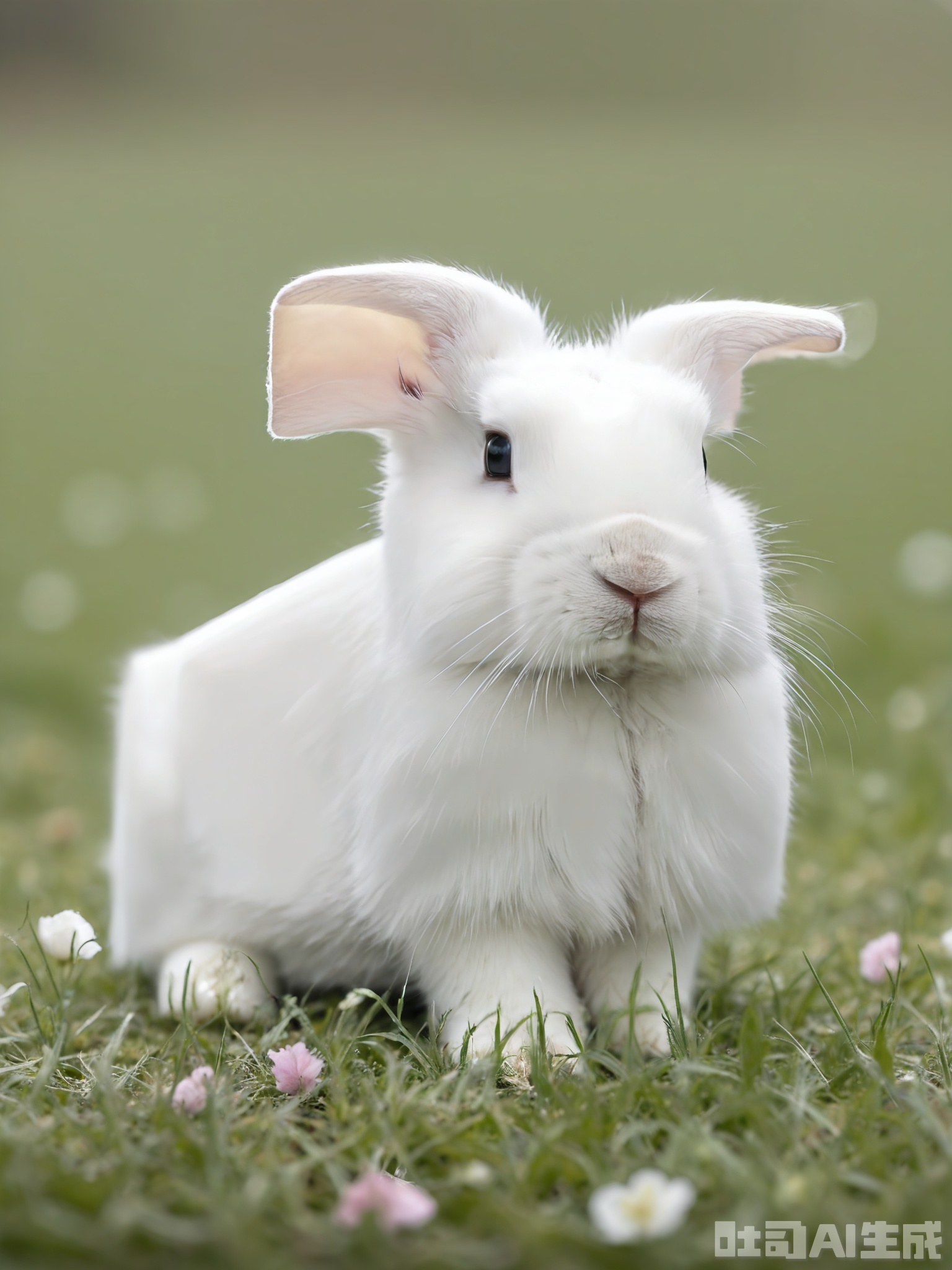FXDW, Photo of a tiny, fluffy white bunny sitting in a patch of clover, looking at the camera with soft, pink-rimmed eyes. The bunny has long ears and a cotton-ball tail. The background features a meadow filled with green grass and wildflowers, suggesting a peaceful countryside. The clover is bright green and dotted with tiny white flowers, contrasting with the bunny's pure white fur. The bunny is sitting upright, with its front paws resting in front of it. The lighting is gentle and natural, indicating a morning dew.
