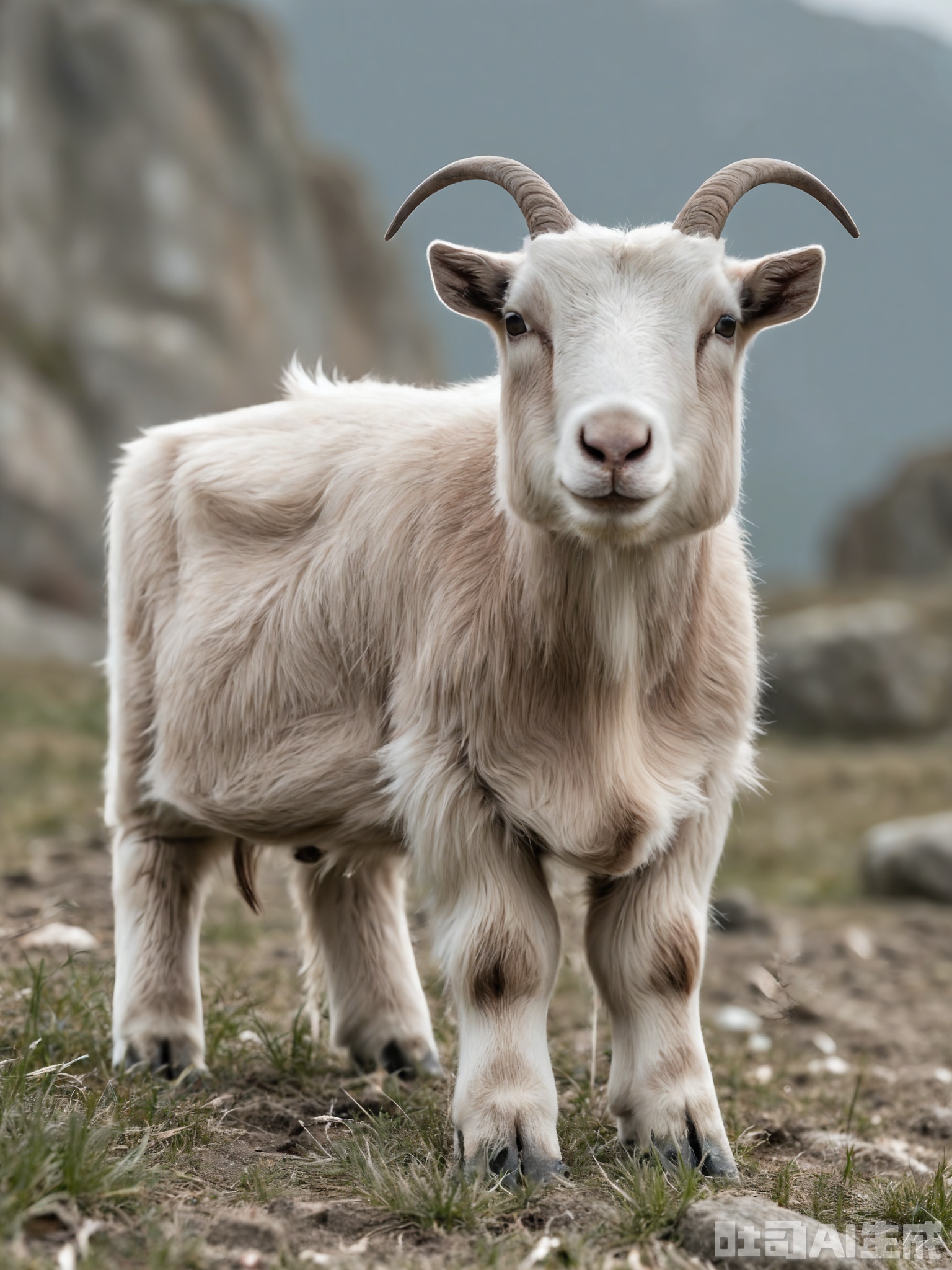 FXDW, Photo of a friendly brown and white goat standing on a rocky hillside, looking at the camera with gentle, expressive eyes. The goat has a beard and curved horns. The background features a rugged landscape with boulders and a distant valley, suggesting a mountainous region. The rocks are rough and gray, contrasting with the goat's soft fur. The goat is standing on all fours, with its head tilted slightly. The lighting is crisp and clear, indicating a midday sun.
