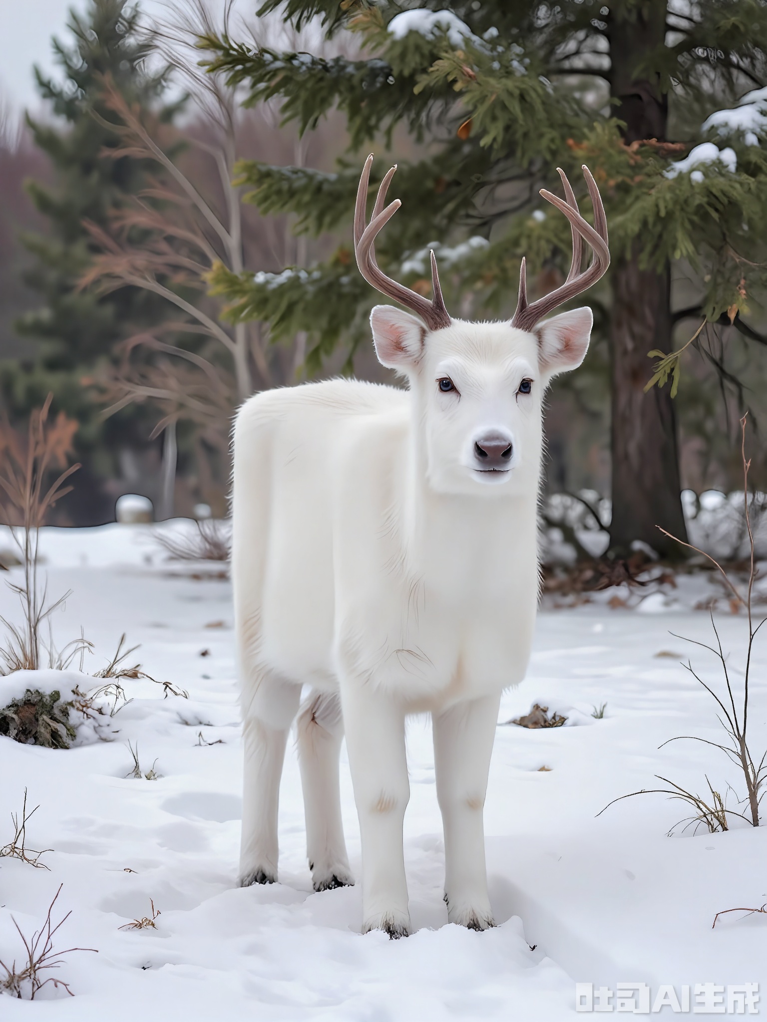 FXDW, Photo of a graceful white deer standing in a snow-dusted forest clearing, gazing at the camera with calm, dark eyes. The deer has a slender build and delicate antlers. The background features tall evergreen trees and a carpet of fallen snow, suggesting a winter wilderness. The snow on the ground is pristine and white, contrasting with the deer's pure coat. The deer is standing still, with its head slightly tilted. The lighting is soft and diffused, indicating an early morning or late afternoon.

