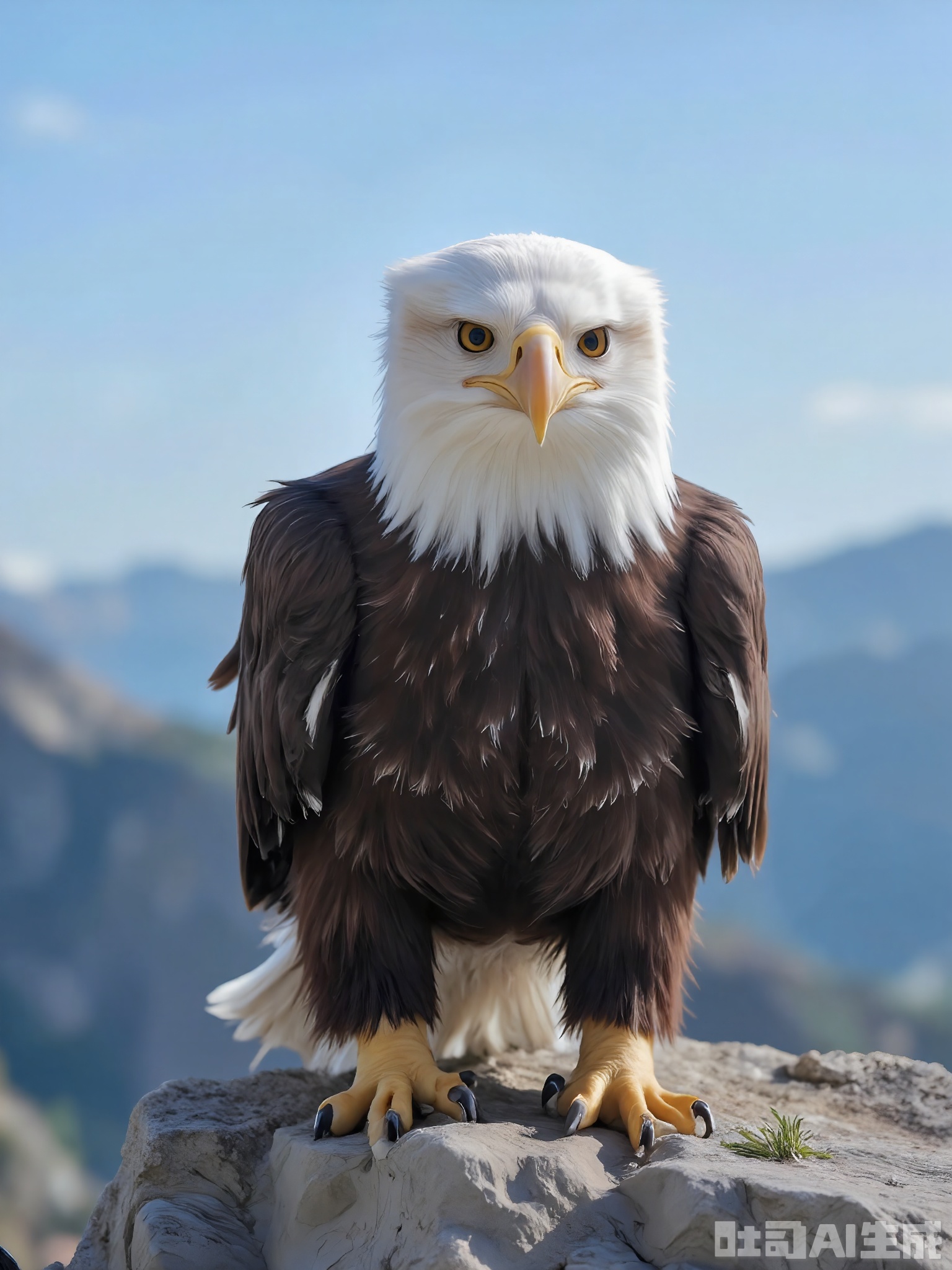 FXDW, Photo of a majestic bald eagle perched on a rocky cliff edge, staring directly at the camera with piercing yellow eyes. The eagle has a powerful build and outstretched wings. The background features a vast expanse of blue sky and distant mountains, suggesting a rugged wilderness. The rocks are rough and gray, contrasting with the eagle's dark feathers and white head. The eagle is standing tall, with its chest puffed out. The lighting is sharp and clear, indicating a midday sun.
