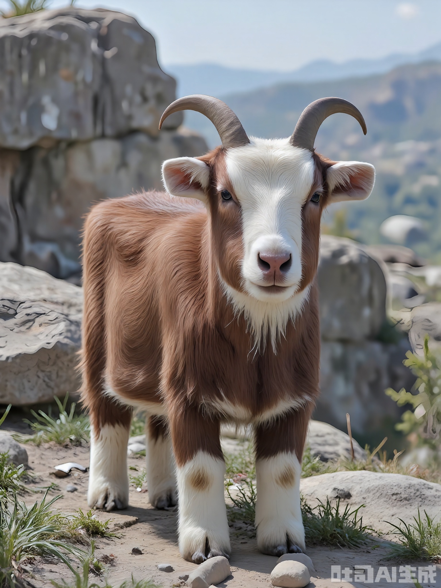 FXDW, Photo of a friendly brown and white goat standing on a rocky hillside, looking at the camera with gentle, expressive eyes. The goat has a beard and curved horns. The background features a rugged landscape with boulders and a distant valley, suggesting a mountainous region. The rocks are rough and gray, contrasting with the goat's soft fur. The goat is standing on all fours, with its head tilted slightly. The lighting is crisp and clear, indicating a midday sun.
