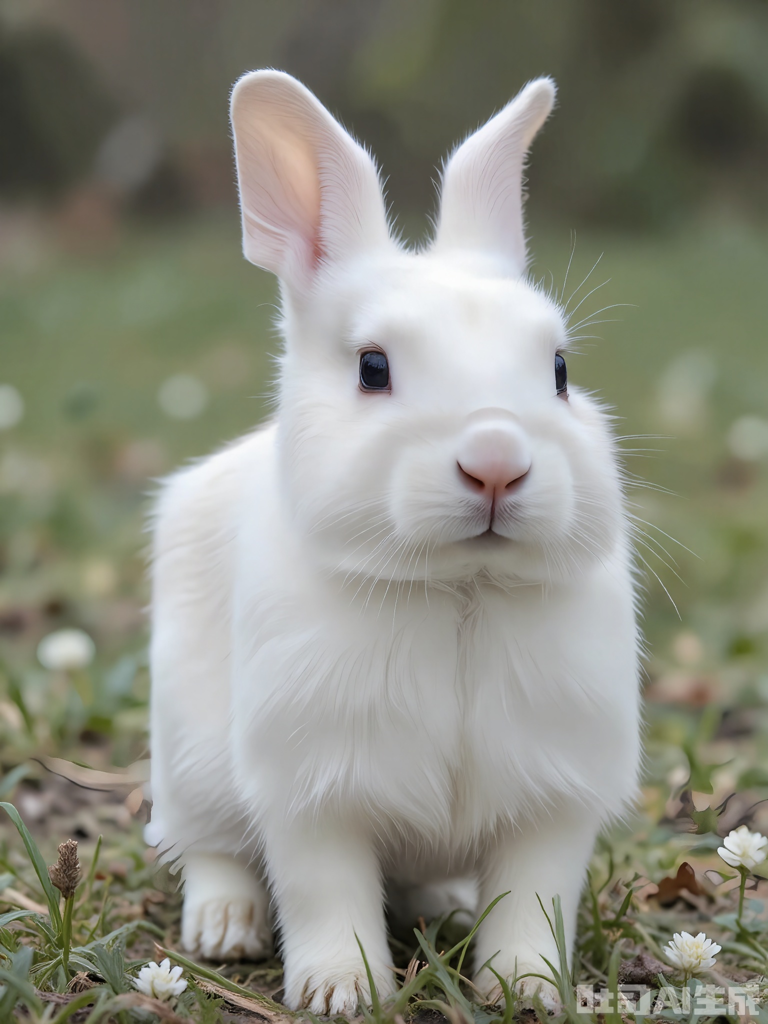 FXDW, Photo of a tiny, fluffy white bunny sitting in a patch of clover, looking at the camera with soft, pink-rimmed eyes. The bunny has long ears and a cotton-ball tail. The background features a meadow filled with green grass and wildflowers, suggesting a peaceful countryside. The clover is bright green and dotted with tiny white flowers, contrasting with the bunny's pure white fur. The bunny is sitting upright, with its front paws resting in front of it. The lighting is gentle and natural, indicating a morning dew.
