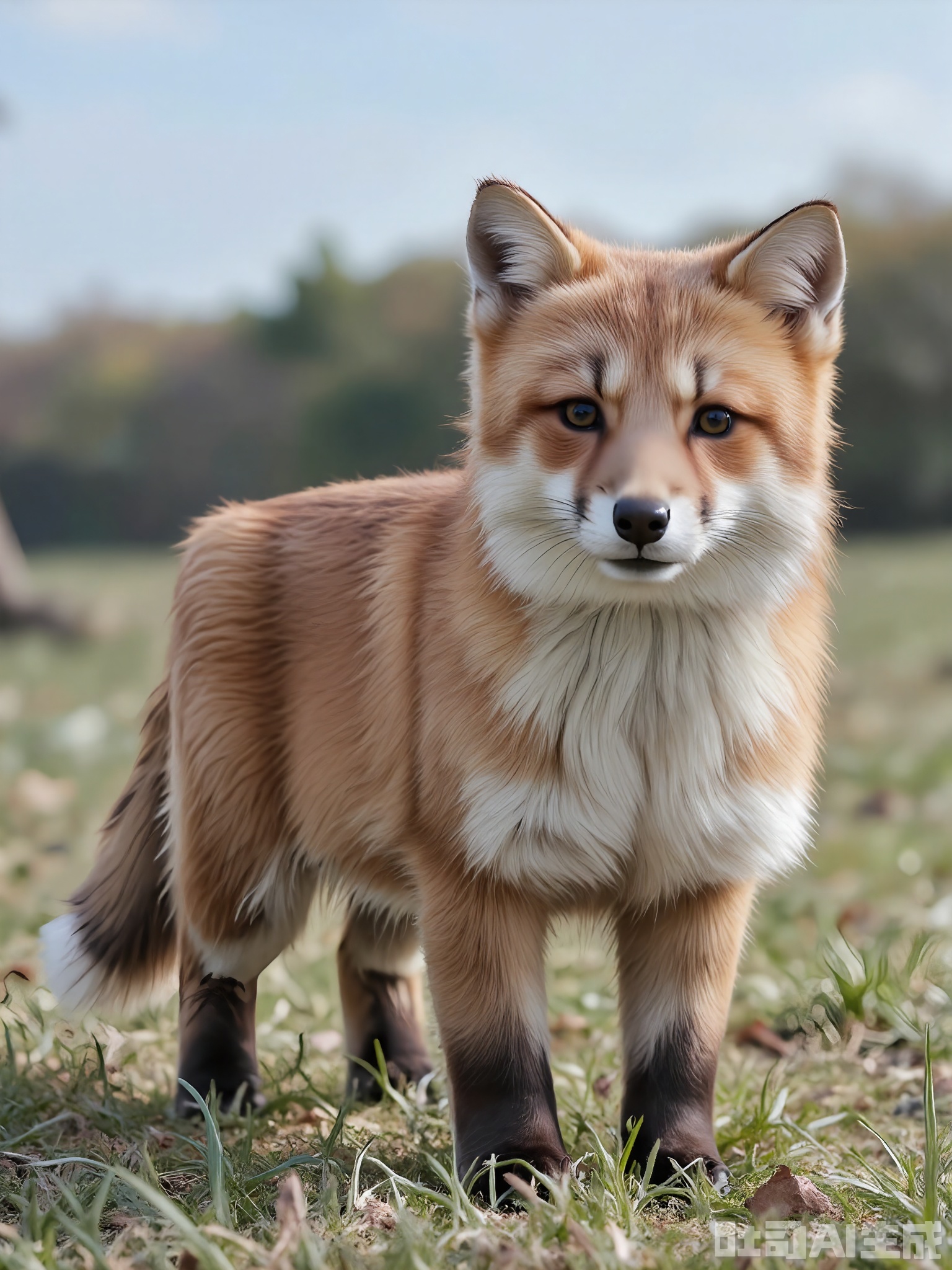 FXDW, Photo of a small, fluffy red fox cub standing on a grassy meadow, looking directly at the camera with wide, innocent amber eyes. The fox has a bushy tail and white markings on its muzzle and chest. The background features a line of distant trees and a clear blue sky, suggesting a rural landscape. The grass is lush and green, contrasting with the fox's fiery fur. The fox is standing on all fours, with its ears perked up. The lighting is bright and natural, indicating a sunny afternoon.
