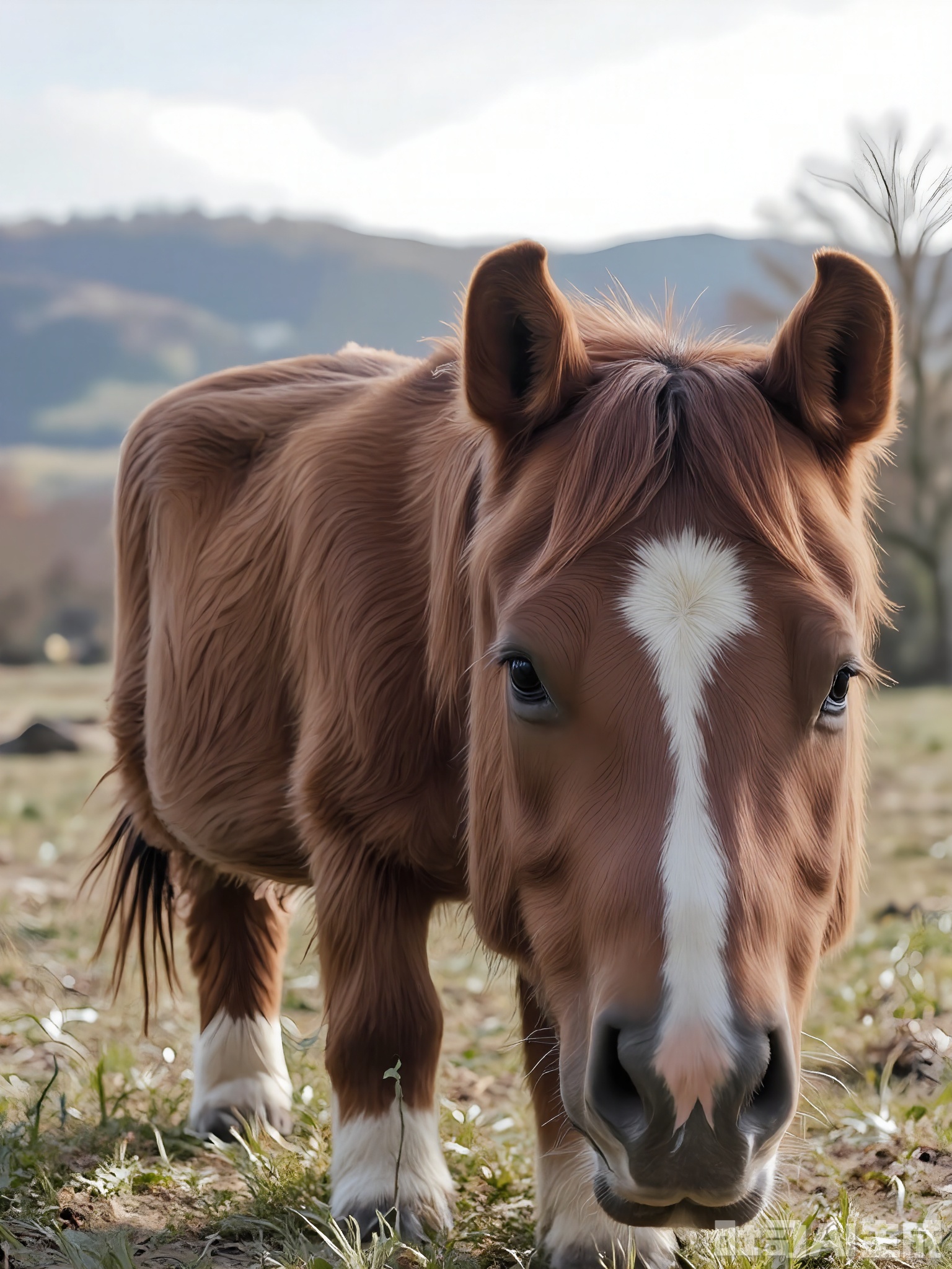 FXDW, Photo of a gentle brown horse grazing in a sunlit meadow, lifting its head to look at the camera with kind, expressive brown eyes. The horse has a sleek coat and a flowing mane. The background features rolling hills and a few scattered trees, suggesting a peaceful countryside. The grass is tall and green, contrasting with the horse's rich brown fur. The horse is standing still, with its ears pricked forward. The lighting is warm and golden, indicating a late afternoon sun.
