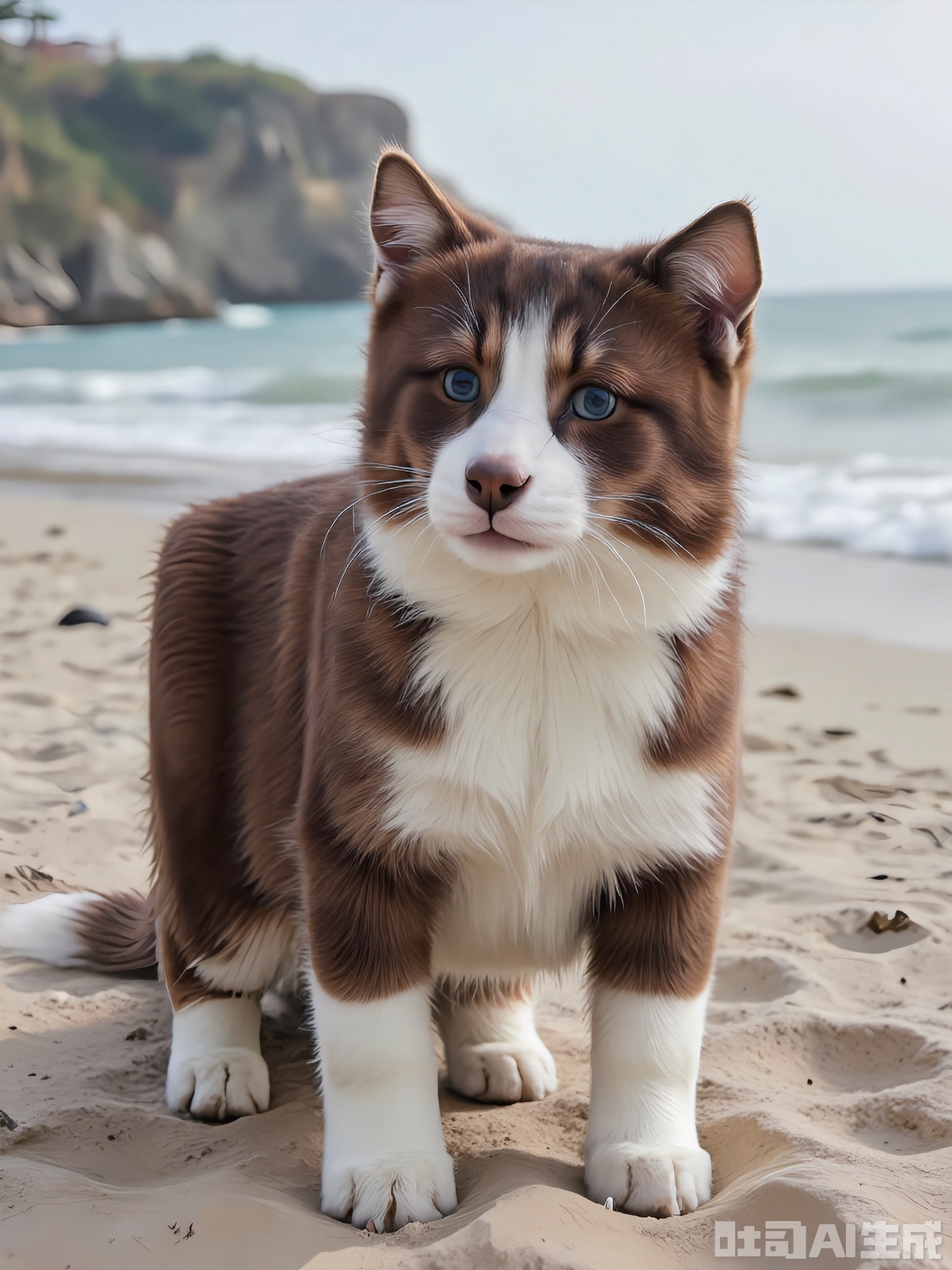 FXDW, Photo of a playful brown and white border collie sitting on a sandy beach, looking up at the camera with eager, intelligent blue eyes. The dog has a fluffy coat and perked-up ears. The background features gentle waves rolling onto the shore and a distant cliff, suggesting a coastal setting. The sand is golden and warm, contrasting with the dog's dark and light fur. The dog is sitting on its haunches, with its tail wagging slightly. The lighting is bright and golden, indicating a late summer day.
