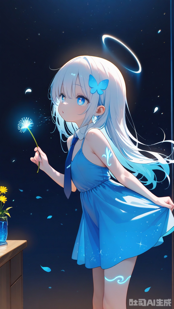 masterpiece, best quality, amazing quality, very aesthetic, absurdres, newest,loli,1girl,blue theme,Tie dyeing,A girl holding a dandelion flower, wearing a blue dress with white dots and yellow flowers on it, blowing away small petals in the style of light skyblue and pale aquamarine illustrations, a simple line drawing reminiscent of children's book illustrations and storybook art, with colorful cartooning and playful character design,glowing tattoo