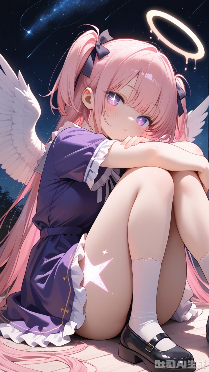 masterpiece, best quality, amazing quality, very aesthetic, absurdres, newest,1girl, solo, long hair, looking at viewer, blush, bangs, dress, bow, very long hair, purple eyes, pink hair, short sleeves, hair bow, frills, wings, shoes, socks, star \(symbol\), two side up, halo, frilled dress, white socks, feathered wings, knees up, purple dress, angel wings, white wings, angel, starry background,glowing tattoo