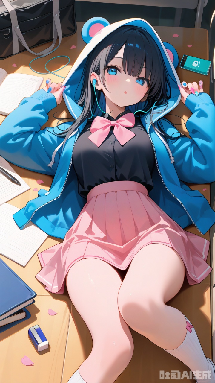 masterpiece, best quality, amazing quality, very aesthetic, absurdres, newest,1girl,:o,animal hood,bag,black bag,black hair,black shirt,blue eyes,blue jacket,blue nails,blush,bow,bowtie,digital media player,earphones,eraser,foot out of frame,high-waist skirt,hood,hooded jacket,jacket,long hair,long sleeves,looking at viewer,multicolored nails,nail polish,open clothes,open jacket,parted lips,pen,petals,pink bow,pink bowtie,pink nails,pink skirt,school uniform,shirt,skirt,socks,solo