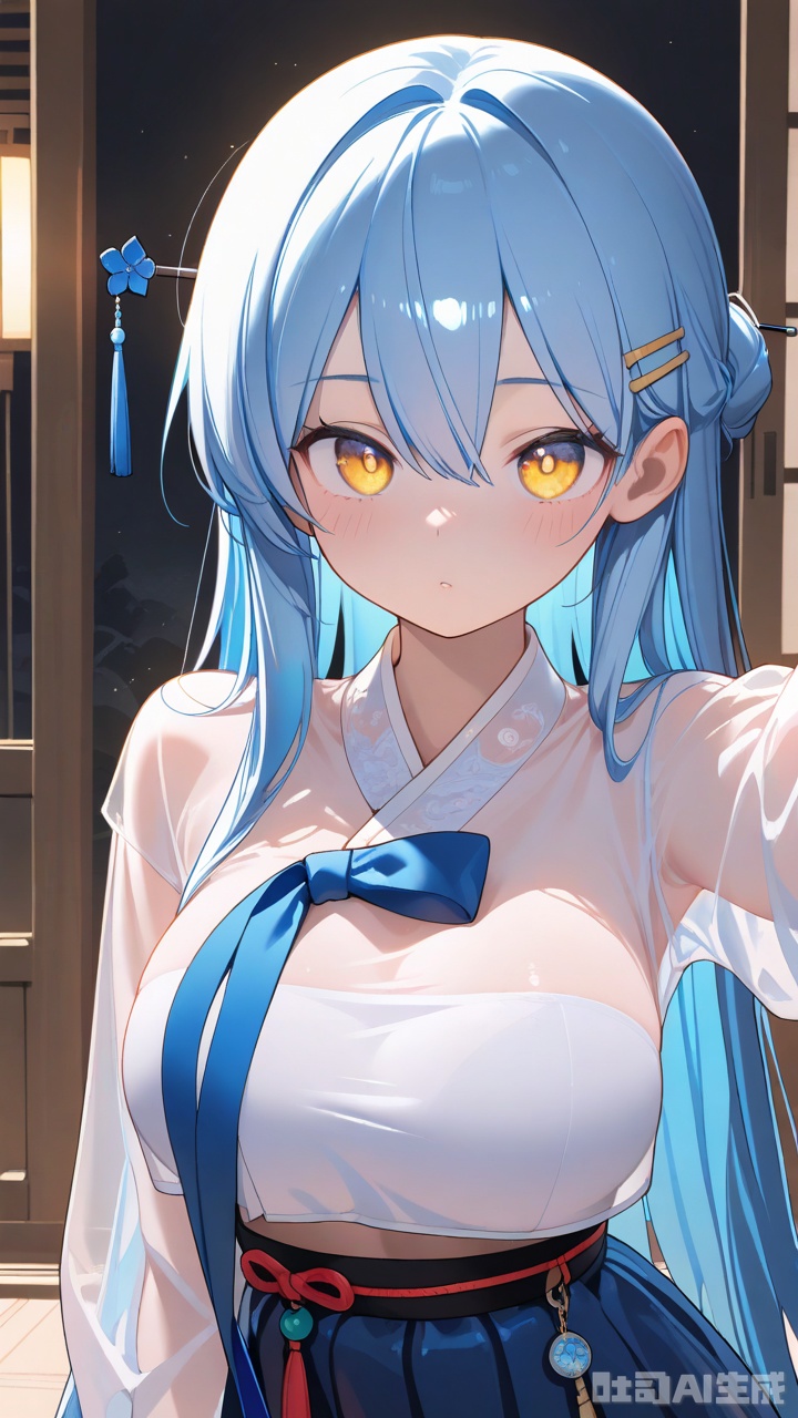masterpiece, best quality, amazing quality, very aesthetic, absurdres, newest,1girl,biryu soso,blue hair,hair ornament,hairpin,korean clothes,long hair,see-through clothes,see-through sleeves,yellow eyes,