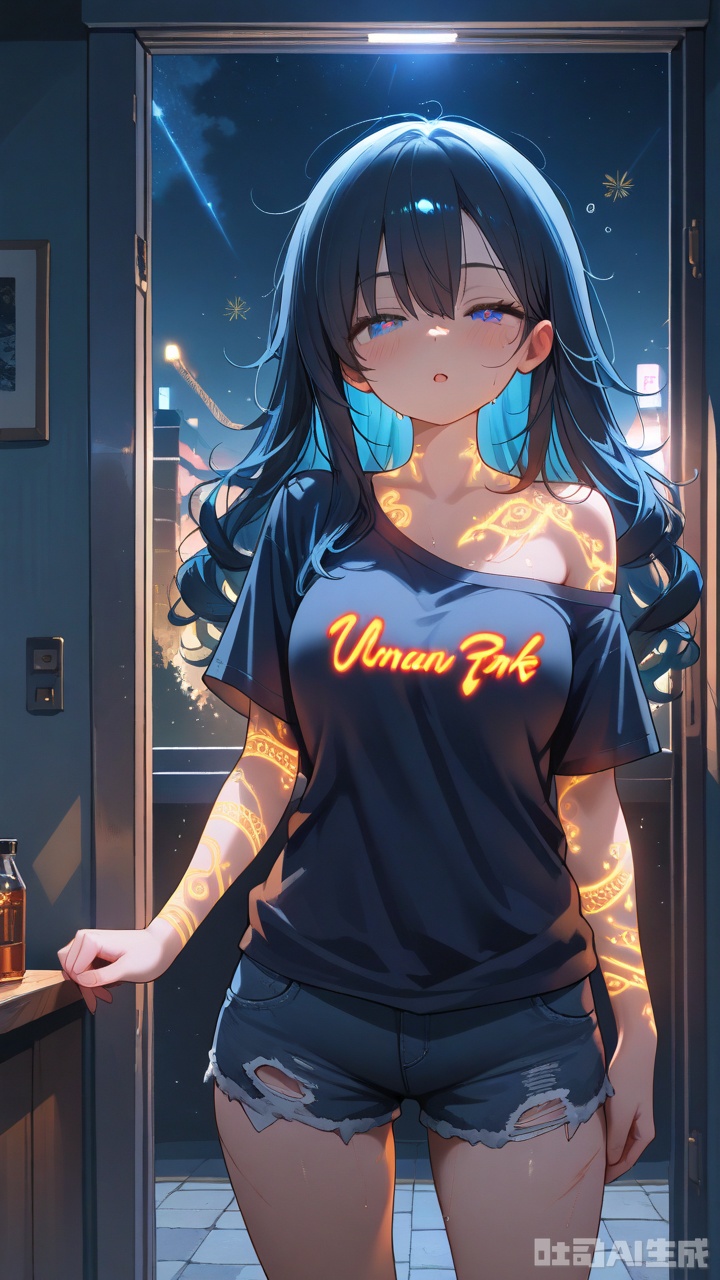 best quality,highres,masterpiece,sparkles,ornate,bloom light,ambilight,halatio,detail skin,((skin glowing, subsurface scattering)),particles,ray tracing,gritty, nighttime, urban trailer park, woman standing in front of an old rusty trailer with door open, wearing torn cut-off jean shorts and a dirty cut-off off-the-shoulder old t-shirt with long messy tangled dark curly hair and many tattoos , cute face, sweaty, drunk