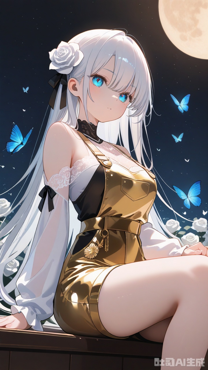 The image is a digital illustration of a young woman with long white hair and blue eyes She is wearing a black and gold ou...