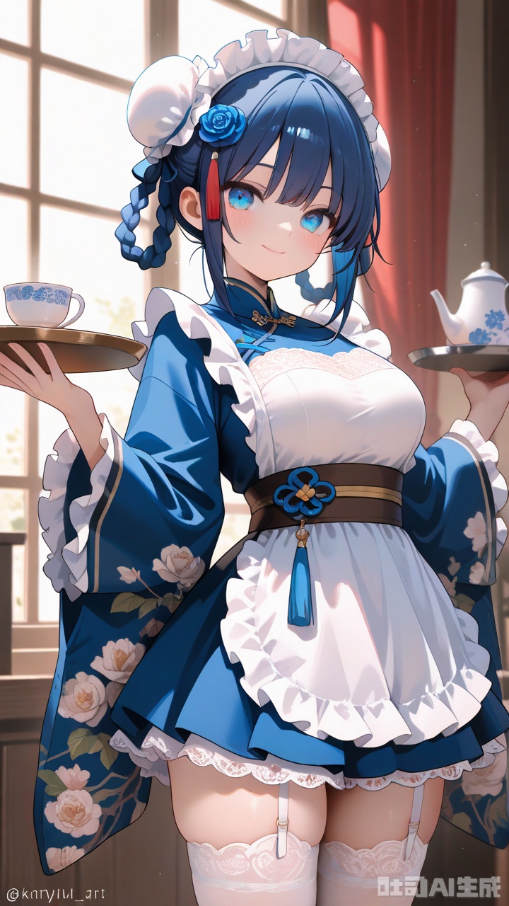 masterpiece, best quality, amazing quality, very aesthetic, absurdres, newest,1girl, solo, frills, maid headdress, tray, curtains, thighhighs, holding, teapot, maid, holding tray, wide sleeves, window, frilled sleeves, dress, cup, looking at viewer, apron, white thighhighs, tassel, blue hair, white dress, long sleeves, sidelocks, hair ornament, hair bun, closed mouth, double bun, teacup, braid, smile, indoors, frilled dress, blue eyes, bun cover, frilled apron, long hair, hair rings, cowboy shot, maid apron, white apron, blurry, garter straps, standing, floral print, blurry background, zettai ryouiki, braided hair rings, tassel hair ornament, dark blue hair, light particles, blush, lace trim, hair flower, wa maid, chinese clothes, cross-laced footwear, flower, twitter username, twin braids, lolita fashion