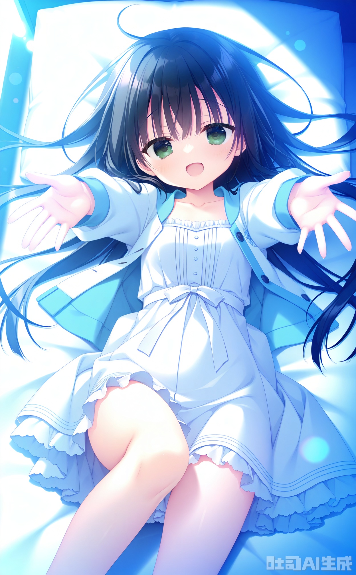 masterpiece,very aware,(highres),absurdres,newest,best quality,(loli),petite,high quality,chromatic_aberration,White Theme,lightblue Theme,
//,
1girl, solo, long hair, black hair, green eyes, dress, open mouth, outstretched arms, looking at viewer, spread arms, jacket, smile, lying
//,
(Artist:yuzuna_hiyo:0.5),(Artist:courreges_ace:0.4),(Artist:inugami kira:0.5),(Artist:kobuichi:0.66),(Artist:muririn:0.4),(Artist:kimishima_ao:0.4),(Artist:ameto_yuki:0.45),(artist:izumi_tsubasu:0.5),
//,
absurdres,newest,very aesthetic,amazing quality,highres,sensitive,ultra detailed,best anatomy,HDR,8K,high detail RAW color art,high contrast,illustration,depth of field,(colorful),phenomenal aesthetic,detailed light,blurred picture,Tyndall effect,contrast,lens flare,cinematic lighting,