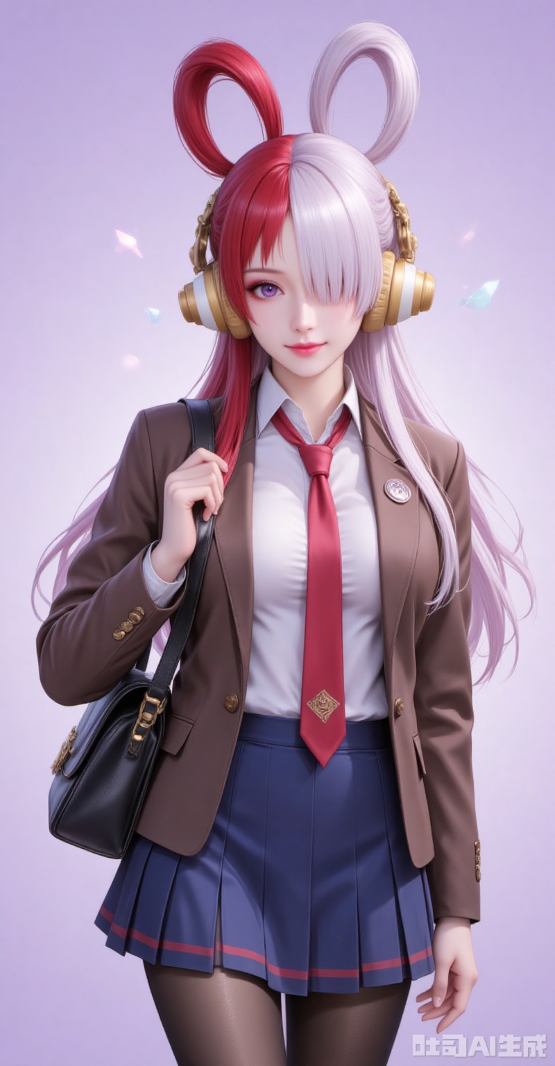 wuta,lvjing,baoshi,lvjing,1girl,split-color hair,red hair,white hair,multicolored hair,hair over one eye,purple eyes,breasts,two-tone hair,long hair,hair rings,headphones,1girl,solo,pantyhose,skirt,necktie,red necktie,hair ornament,school uniform,jacket,bag,smile,looking at viewer,shirt,hairclip,pleated skirt,brown jacket,black pantyhose,school bag,white shirt,blazer,standing,upper_body,blue skirt,long sleeves,collared shirt,light purple background,closed mouth,open clothes,open jacket,6,cover,simple background,gradient background,close-up details,outstanding style,adding a touch of dimension to your images without compromising details,close-up,