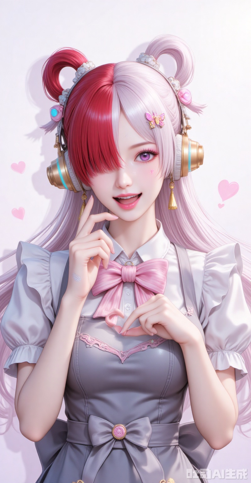wuta,lvjing,baoshi,lvjing,1girl,split-color hair,red hair,white hair,multicolored hair,hair over one eye,purple eyes,breasts,two-tone hair,long hair,hair rings,headphones,
1girl,solo,bandaid on hand,butterfly hair ornament,heart,long hair,apron,open mouth,pink bowtie,hair ornament,white background,pink bow,short sleeves,dress,simple background,bow,striped bow,hair between eyes,bandaid,shadow,puffy sleeves,frills,puffy short sleeves,heart hands,bowtie,hands up,grey apron,smile,looking at viewer,striped bowtie,symbol-shaped pupils,heart-shaped pupils,symbol in eye,tongue,grey bow,
cover,simple background,gradient background,close-up details,outstanding style,adding a touch of dimension to your images without compromising details,close-up,