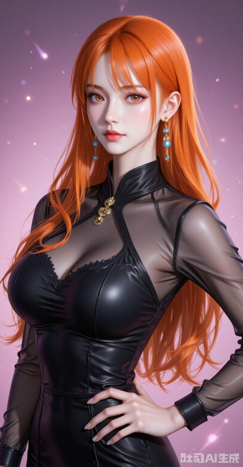 lvjing,pifu,nami,orange hair,orange eyes,long hair,fair_skin,
1girl,solo,jewelry,earrings,see-through,dress,upper body,black dress,hand on own hip,breasts,see-through sleeves, 

simple background,gradient_background,Close-up details,outstanding style,adding a touch of dimension to your images without compromising details,absurdres,colorful,4K,close-up,shou