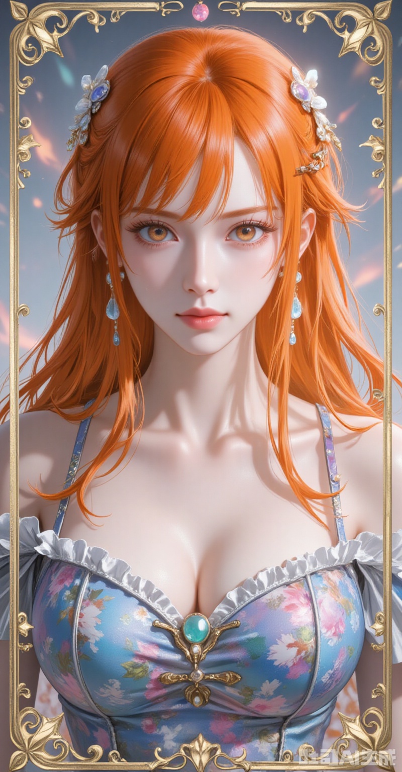 lvjing,pifu,nami,orange hair,orange eyes,long hair,fair_skin,
1girl,solo,earrings,jewelry,looking at viewer,breasts,tarot,collarbone,upper body,dress,closed mouth,card \(medium\),tarot \(medium\),frills,border,

simple background,gradient_background,Close-up details,outstanding style,adding a touch of dimension to your images without compromising details,absurdres,colorful,4K,close-up,shou