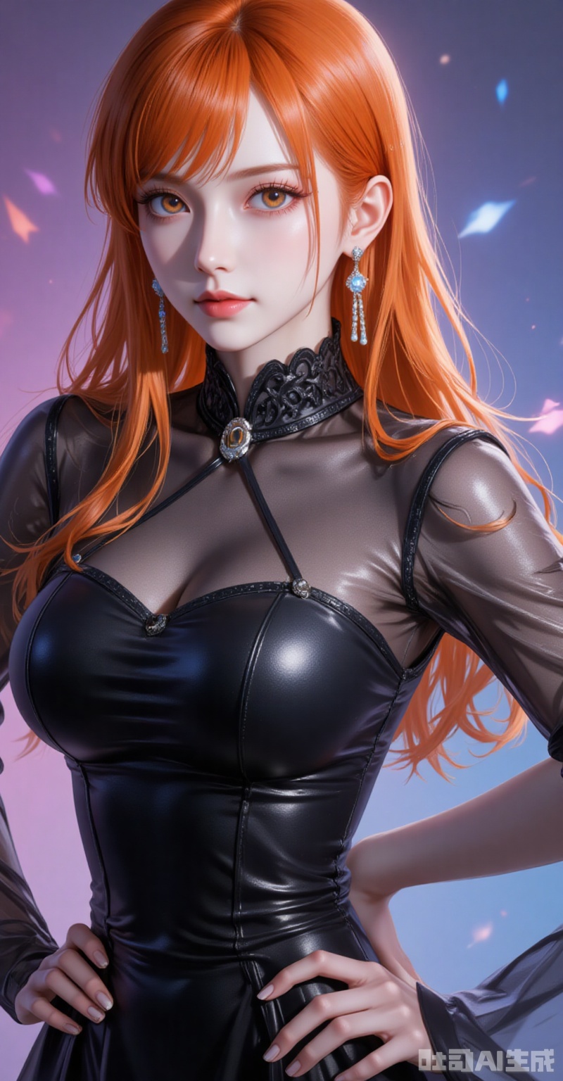 lvjing,pifu,nami,orange hair,orange eyes,long hair,fair_skin,
1girl,solo,jewelry,earrings,see-through,dress,upper body,black dress,hand on own hip,breasts,see-through sleeves, 

simple background,gradient_background,Close-up details,outstanding style,adding a touch of dimension to your images without compromising details,absurdres,colorful,4K,close-up,shou