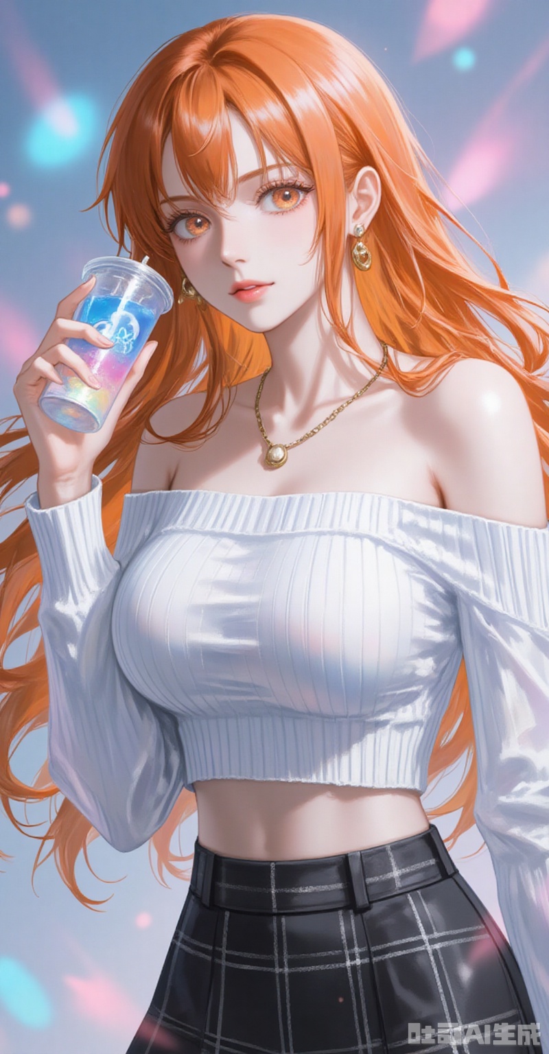 lvjing,pifu,nami,orange hair,orange eyes,long hair,fair_skin,bangs
1girl,solo,skirt,off shoulder,off-shoulder sweater,jewelry,white sweater,necklace,cup,bare shoulders,holding,sweater,disposable cup,breasts,black skirt,plaid skirt,collarbone,plaid,blurry background,crop top,holding cup,blurry,midriff,long sleeves,large breasts,
simple background,gradient_background,Close-up details,outstanding style,adding a touch of dimension to your images without compromising details,absurdres,colorful,4K,close-up,shou,baoshi