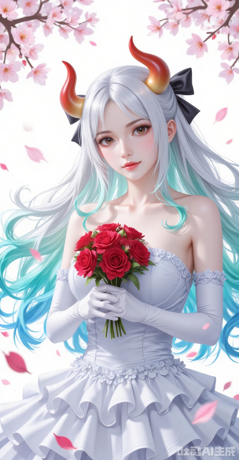 lvjing,pifu,Yamato,horns,white hair,brown eyes,multicolored hair,gradient hair,very long hair,aqua hair,fair_skin,shiny_skin,,
elbow_gloves,frilled_skirt,holding_bouquet,highres,cherry_blossoms,strapless_dress,white_gloves,looking_at_viewer,red_flower,solo,collarbone,own_hands_together,:d,white_background,backlighting,black_bow,bare_shoulders,frilled_dress,hair_bow,wedding_dress,commentary_request,1girl,petals,simple_background,blush,cowboy_shot,

simple background,gradient_background,Close-up details,outstanding style,adding a touch of dimension to your images without compromising details,absurdres,colorful,4K,close-up,shou