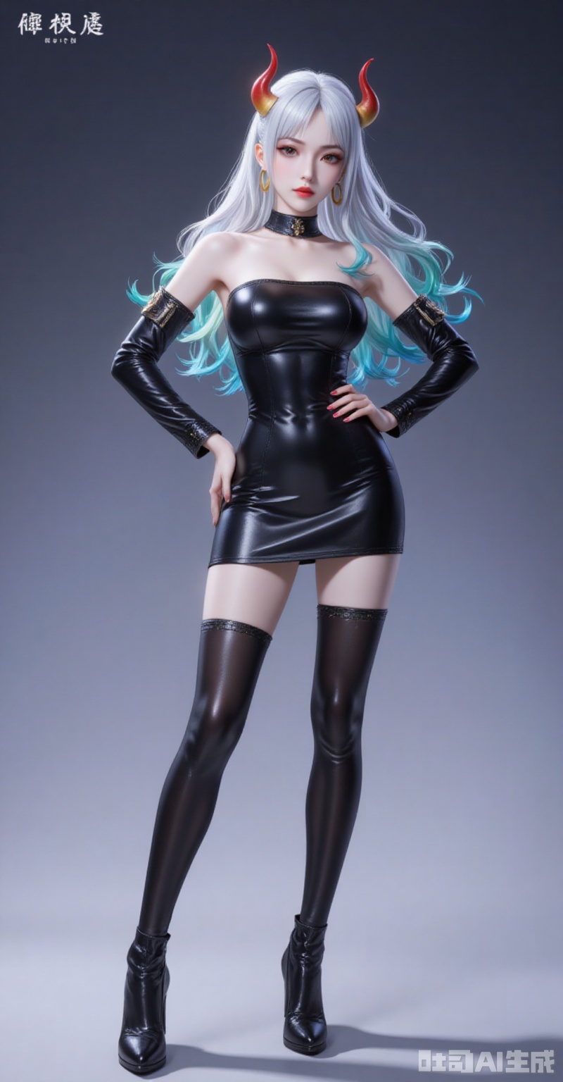 lvjing,pifu,Yamato,horns,white hair,brown eyes,multicolored hair,gradient hair,very long hair,aqua hair,fair_skin,shiny_skin,,
1girl,solo,dress,earrings,jewelry,boots,long hair,hand on own hip,thigh boots,full body,black footwear,latex,black dress,detached sleeves,bare shoulders,strapless,short dress,thighhighs,shiny clothes,looking at viewer,strapless dress,standing,hoop earrings,breasts,red lips,nail polish,high heels,leather,pencil dress,high heel boots,

simple background,gradient_background,Close-up details,outstanding style,adding a touch of dimension to your images without compromising details,close-up,shou