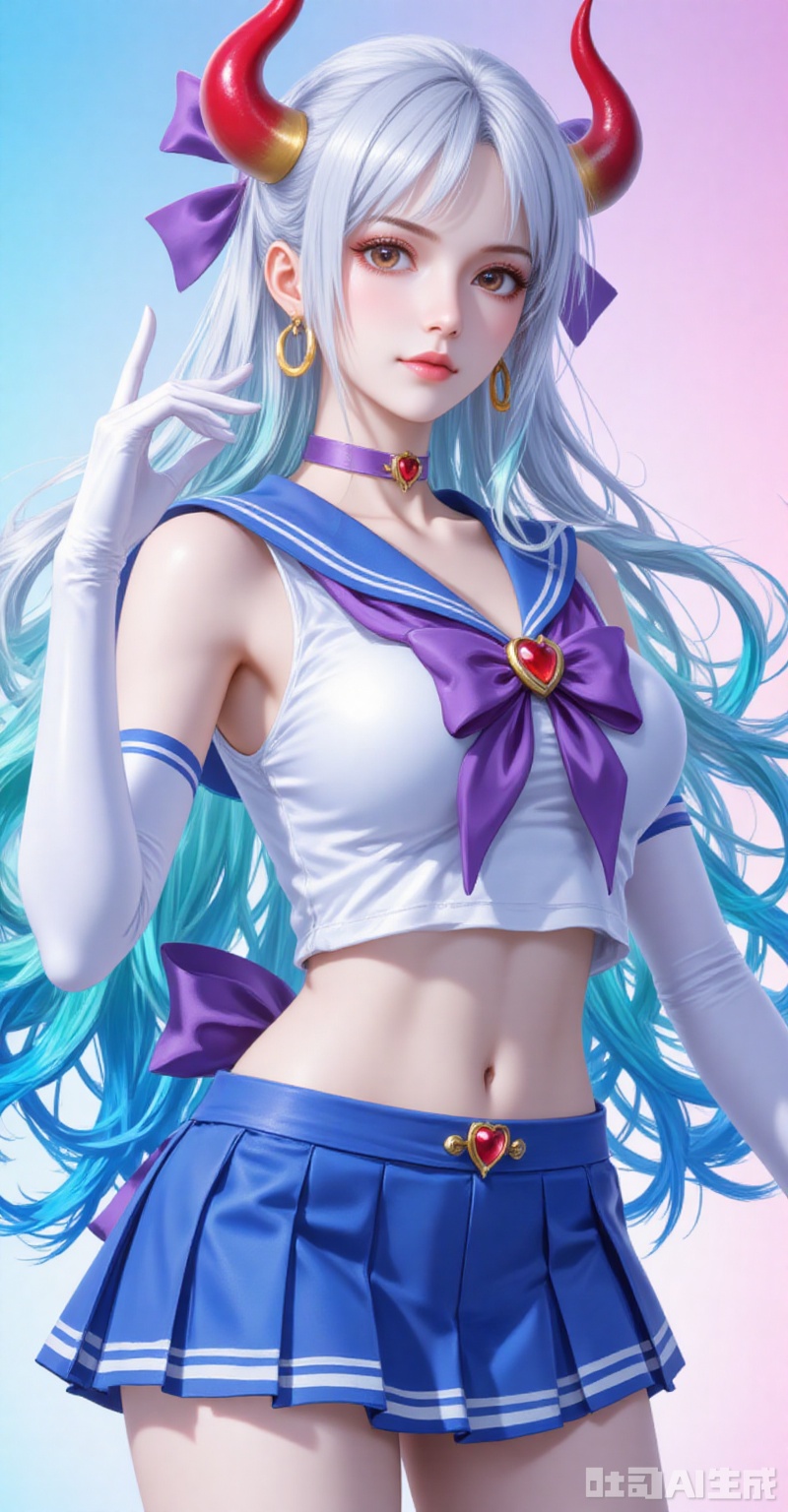 lvjing,pifu,Yamato,horns,white hair,brown eyes,multicolored hair,gradient hair,very long hair,aqua hair,fair_skin,shiny_skin,,
1girl,sailor senshi uniform,solo,jewelry,skirt,gloves,earrings,blue skirt,white gloves,sailor collar,bow,breasts,choker,elbow gloves,magical girl,back bow,covered navel,pleated skirt,looking at viewer,brooch,purple bow,heart brooch,red choker,miniskirt,closed mouth,large breasts,collarbone,red gemstone,tiara,cowboy shot,

simple background,gradient_background,Close-up details,outstanding style,adding a touch of dimension to your images without compromising details,absurdres,colorful,4K,close-up,shou