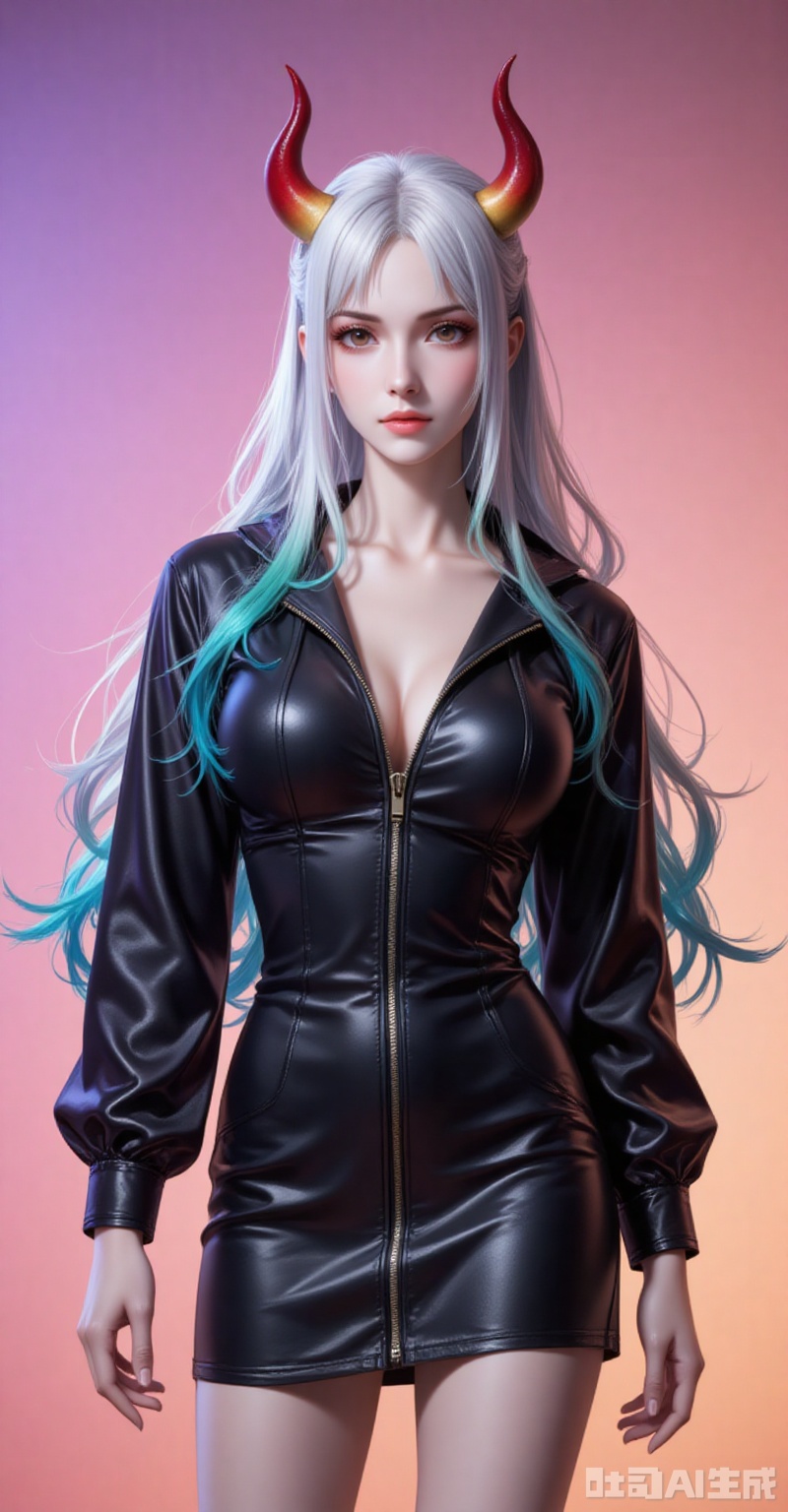 lvjing,pifu,Yamato,horns,white hair,brown eyes,multicolored hair,gradient hair,very long hair,aqua hair,fair_skin,shiny_skin,,
1girl,solo,breasts,cleavage,dress,large breasts,black dress,cowboy shot,partially unzipped,short dress,zipper,looking at viewer,long sleeves,simple background,arms at sides,

simple background,gradient_background,Close-up details,outstanding style,adding a touch of dimension to your images without compromising details,absurdres,colorful,4K,close-up,shou