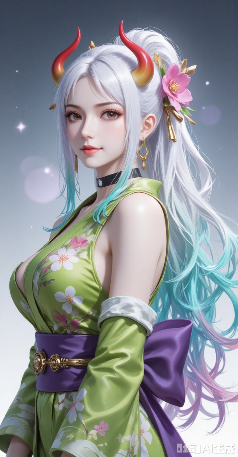 lvjing,pifu,Yamato,horns,white hair,brown eyes,multicolored hair,gradient hair,very long hair,aqua hair,fair_skin,shiny_skin,,
1girl,breasts,solo,japanese clothes,hair ornament,kimono,flower,hair flower,sash,green kimono,large breasts,choker,looking at viewer,cleavage,bare shoulders,obi,off shoulder,earrings,smile,jewelry,floral print,closed mouth,makeup,from side,long sleeves,

simple background,gradient_background,Close-up details,outstanding style,adding a touch of dimension to your images without compromising details,close-up,shou
