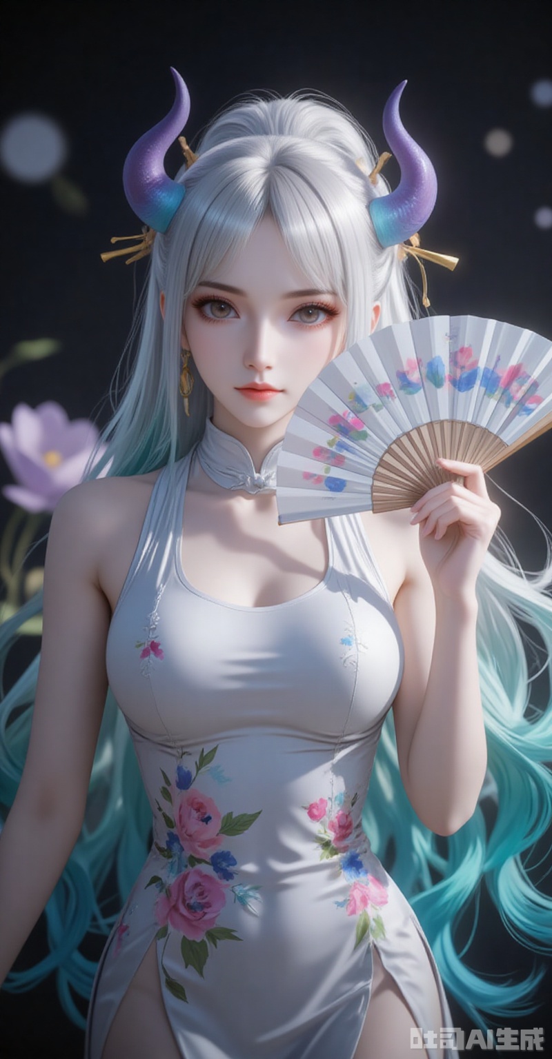 lvjing,pifu,Yamato,horns,white hair,brown eyes,multicolored hair,gradient hair,very long hair,aqua hair,fair_skin,shiny_skin,,
1girl,dress,hand fan,holding,solo,earrings,jewelry,chinese clothes,china dress,white dress,holding fan,floral print,blurry,sleeveless,looking at viewer,sleeveless dress,black background,folding fan,standing,head tilt,2,
simple background,gradient_background,Close-up details,outstanding style,adding a touch of dimension to your images without compromising details,absurdres,colorful,4K,close-up,shou