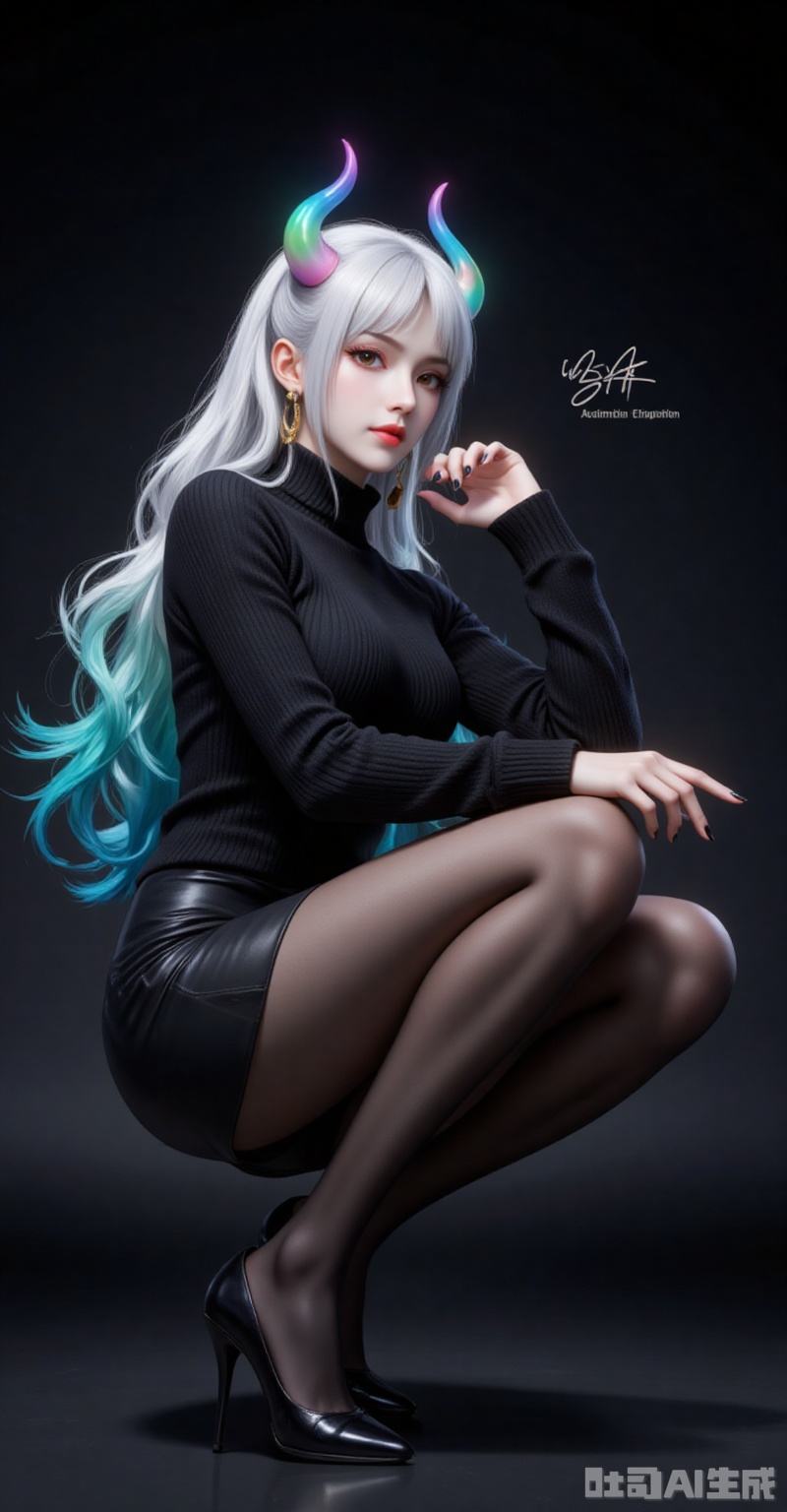 lvjing,pifu,Yamato,horns,white hair,brown eyes,multicolored hair,gradient hair,very long hair,aqua hair,fair_skin,shiny_skin,,
1girl,solo,pantyhose,high heels,looking at viewer,black footwear,squatting,sweater,quad tails,full body,parted lips,black sweater,earrings,signature,black nails,long sleeves,parted bangs,jewelry,pencil skirt,skirt,bangs,turtleneck,nail polish,black pantyhose,dress,(Black background:1.2),simple background,

simple background,gradient_background,Close-up details,outstanding style,adding a touch of dimension to your images without compromising details,absurdres,colorful,4K,close-up,shou