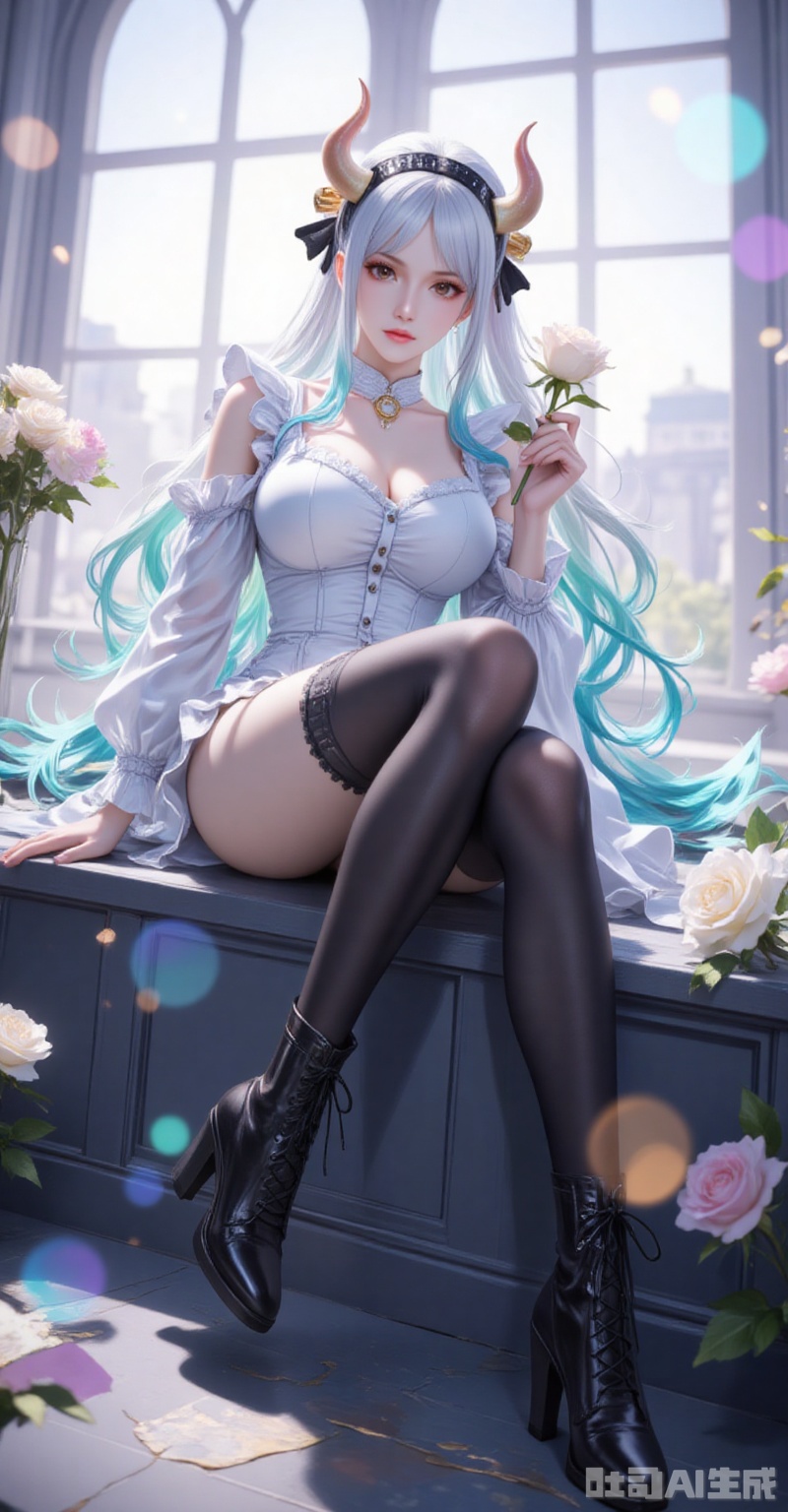 lvjing,pifu,Yamato,horns,white hair,brown eyes,multicolored hair,gradient hair,very long hair,aqua hair,fair_skin,shiny_skin,,
1girl,flower,solo,breasts,thighhighs,hair flower,high heels,boots,sitting,rose,white flower,window,hair ornament,cleavage,holding flower,black footwear,black thighhighs,high heel boots,single thighhigh,shirt,holding,white rose,looking at viewer,hairband,white shirt,frills,full body,black flower
depth of field,lens_flare,simple background,gradient_background,Close-up details,outstanding style,adding a touch of dimension to your images without compromising details,absurdres,colorful,4K,close-up,shou