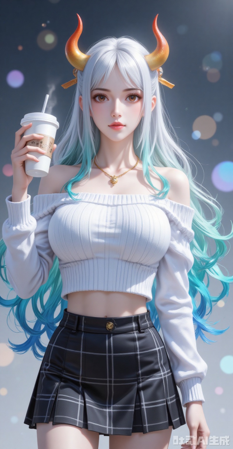 lvjing,pifu,Yamato,horns,white hair,brown eyes,multicolored hair,gradient hair,very long hair,aqua hair,fair_skin,shiny_skin,,
1girl,solo,skirt,off shoulder,off-shoulder sweater,jewelry,white sweater,necklace,cup,bare shoulders,holding,sweater,disposable cup,breasts,black skirt,plaid skirt,collarbone,plaid,blurry background,crop top,holding cup,blurry,midriff,long sleeves,large breasts,

simple background,gradient_background,Close-up details,outstanding style,adding a touch of dimension to your images without compromising details,close-up,shou