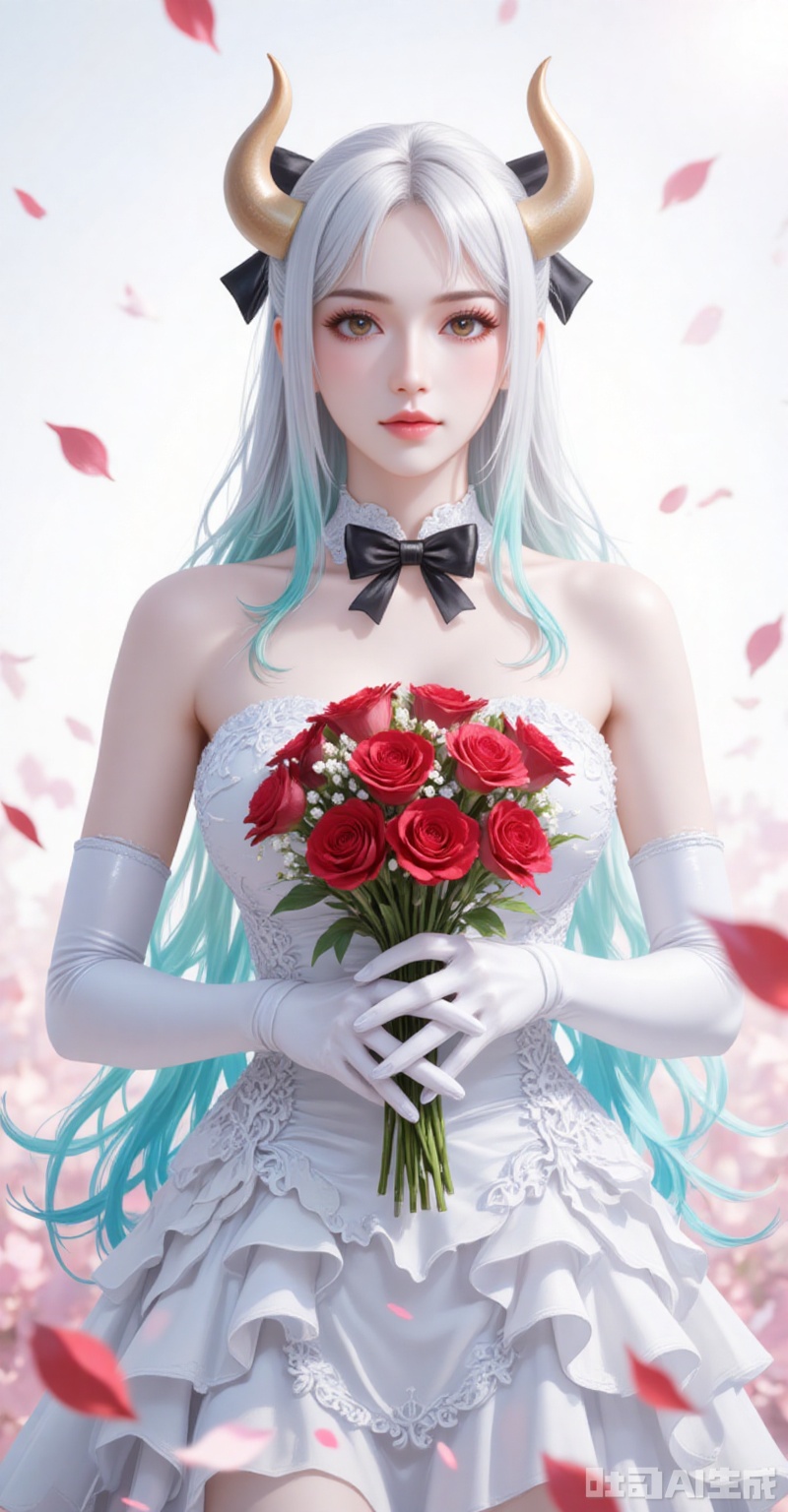 lvjing,pifu,Yamato,horns,white hair,brown eyes,multicolored hair,gradient hair,very long hair,aqua hair,fair_skin,shiny_skin,,
elbow_gloves,frilled_skirt,holding_bouquet,highres,cherry_blossoms,strapless_dress,white_gloves,looking_at_viewer,red_flower,solo,collarbone,own_hands_together,:d,white_background,backlighting,black_bow,bare_shoulders,frilled_dress,hair_bow,wedding_dress,commentary_request,1girl,petals,simple_background,blush,cowboy_shot,

simple background,gradient_background,Close-up details,outstanding style,adding a touch of dimension to your images without compromising details,absurdres,colorful,4K,close-up,shou