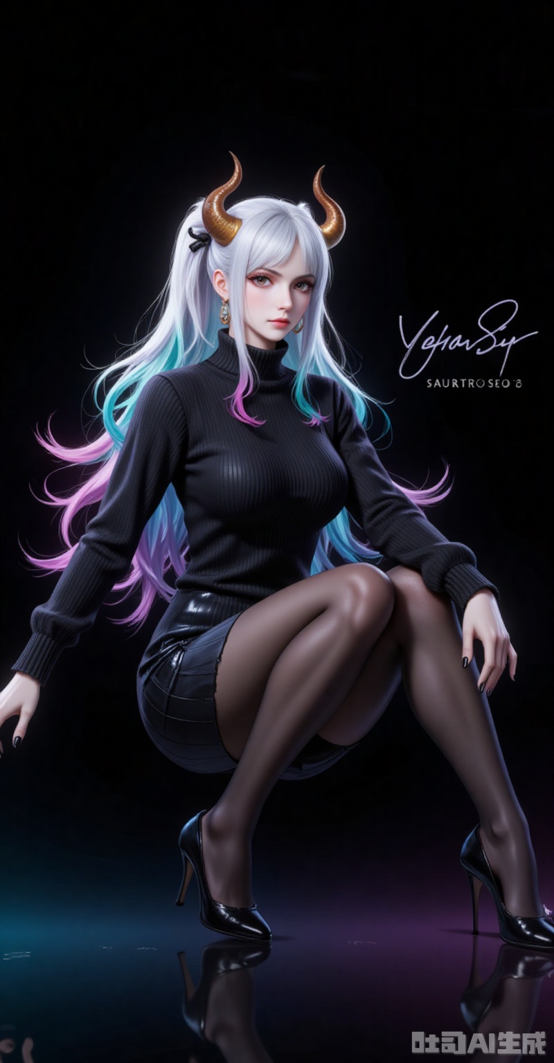 lvjing,pifu,Yamato,horns,white hair,brown eyes,multicolored hair,gradient hair,very long hair,aqua hair,fair_skin,shiny_skin,,
1girl,solo,pantyhose,high heels,looking at viewer,black footwear,squatting,sweater,quad tails,full body,parted lips,black sweater,earrings,signature,black nails,long sleeves,parted bangs,jewelry,pencil skirt,skirt,bangs,turtleneck,nail polish,black pantyhose,dress,(Black background:1.2),simple background,

simple background,gradient_background,Close-up details,outstanding style,adding a touch of dimension to your images without compromising details,absurdres,colorful,4K,close-up,shou